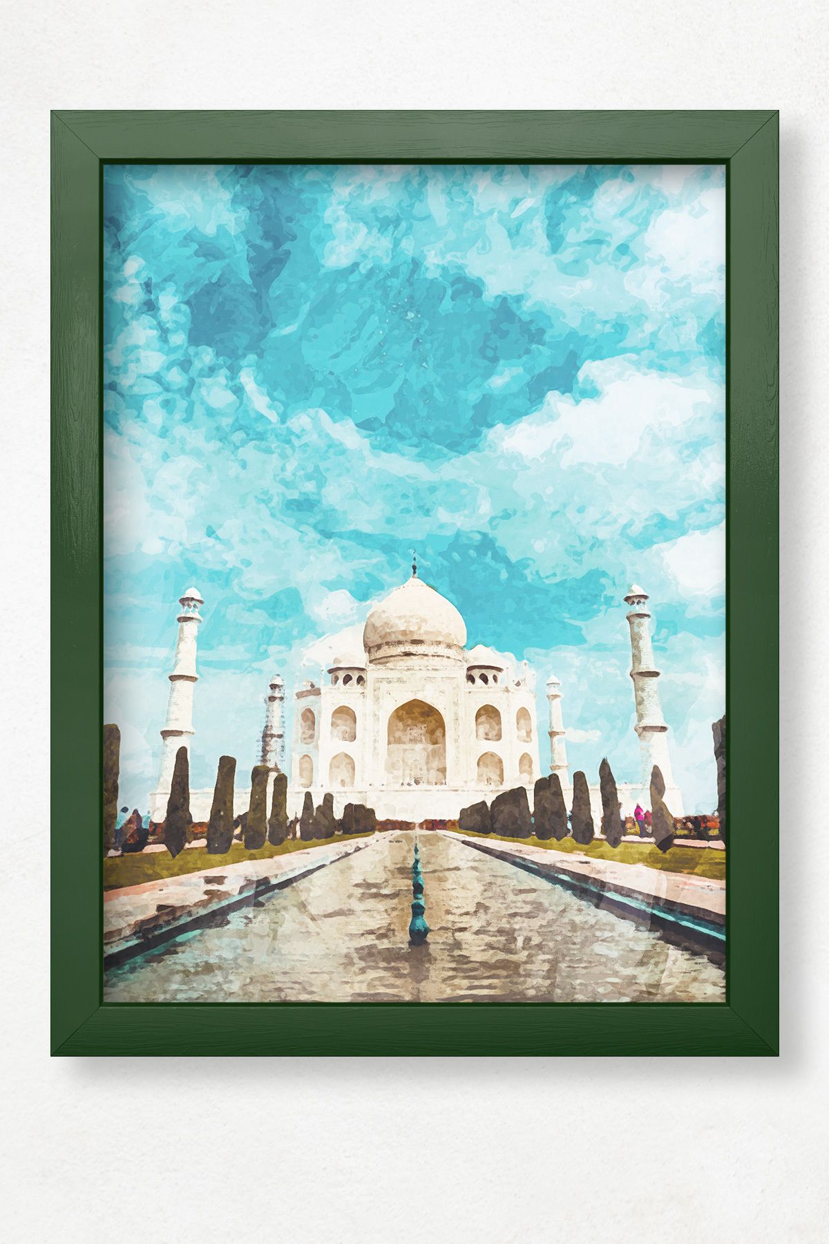 DuoArt Tac Mahal-Agra/İkonik Yapılar/Efekt/Doğal Ahşap Çerçeveli Poster/Çerçeve Rengi:Koyu Yeşil