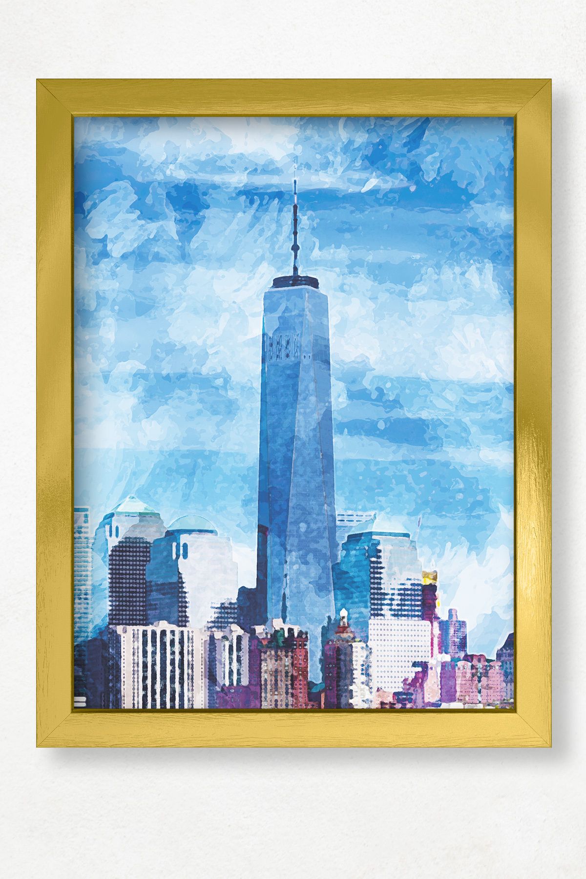 DuoArt One World Binası-New York/İkonik Yapılar/Efekt/Doğal Ahşap Çerçeveli Poster/Çerçeve Rengi:Altın