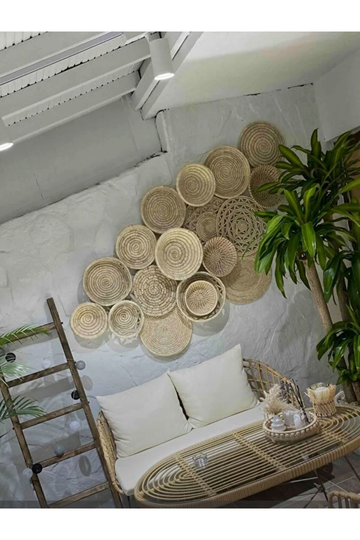 Savana El Yapımı Sanatları Oreganos Hasır Duvar Tabağı Seti , 17'li set (Palmiye yaprağı)