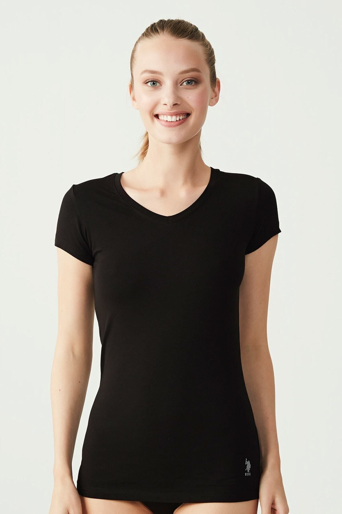 U.S. Polo Assn. Kadın Siyah Kısa Kollu V Yaka T-shirt