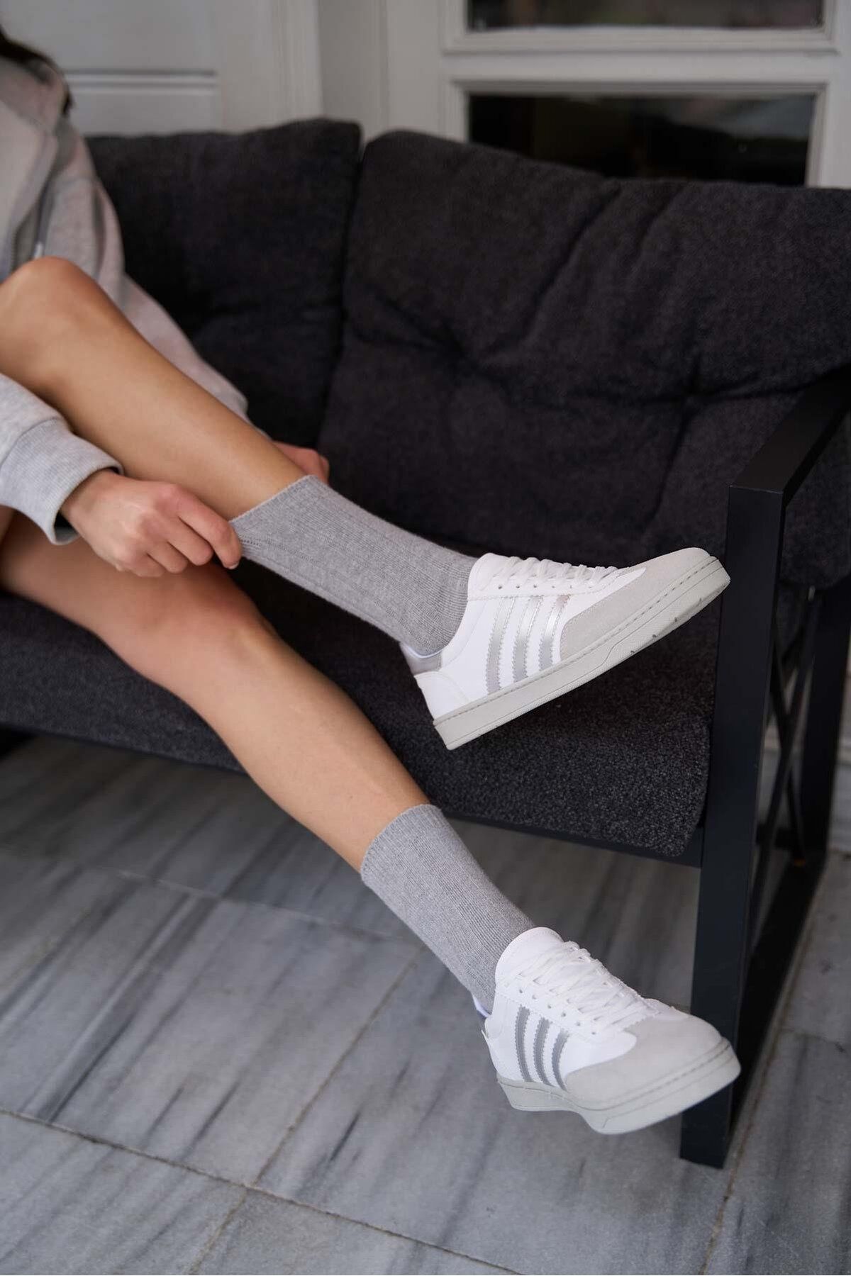 Madamra Beyaz-gümüş Kadın Kontrast Parçalı Spor Ayakkabı