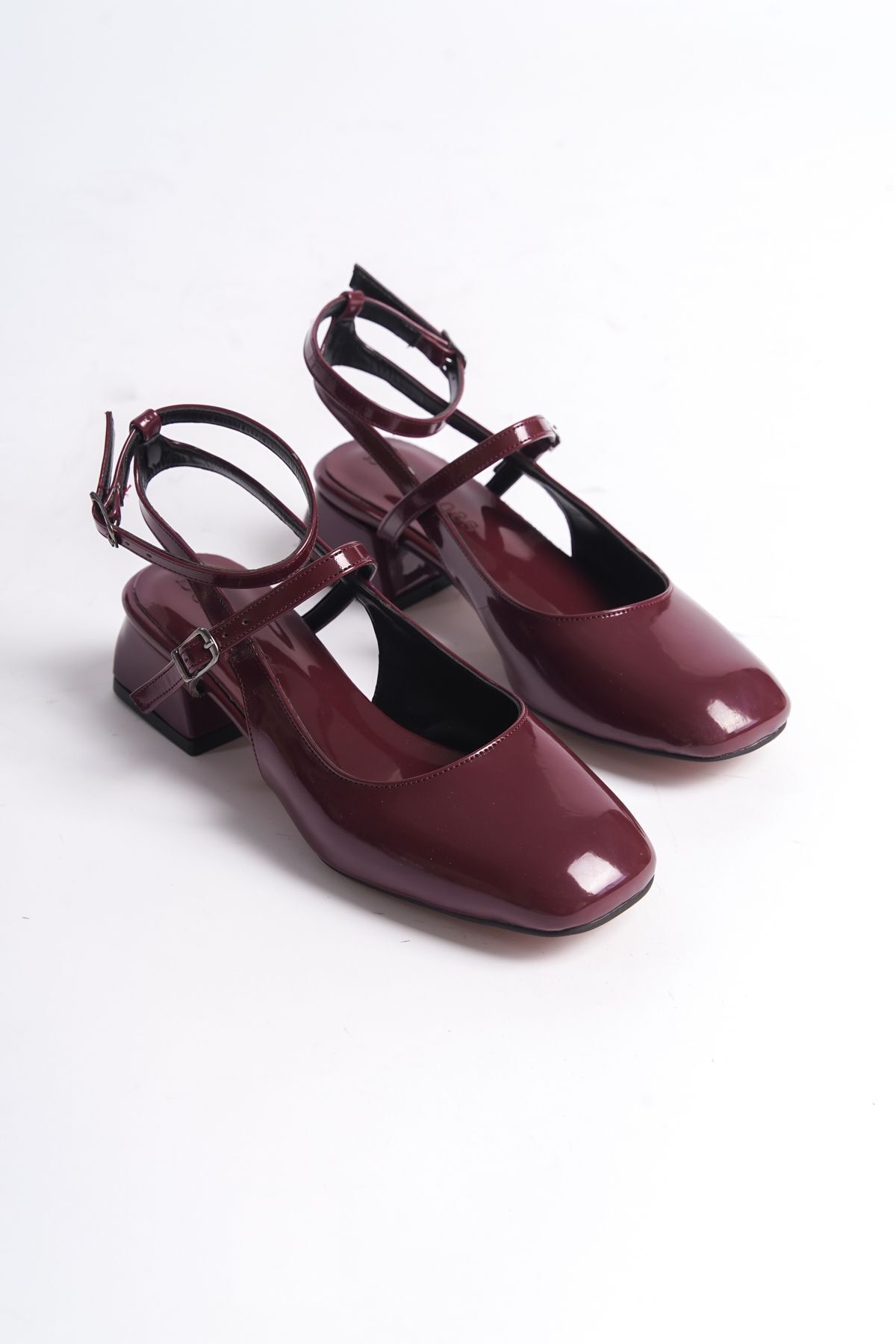 dearshoes Kadın Mary Jane Bordo Rugan Arkası Açık Kare Burunlu Topuklu Ayakkabı
