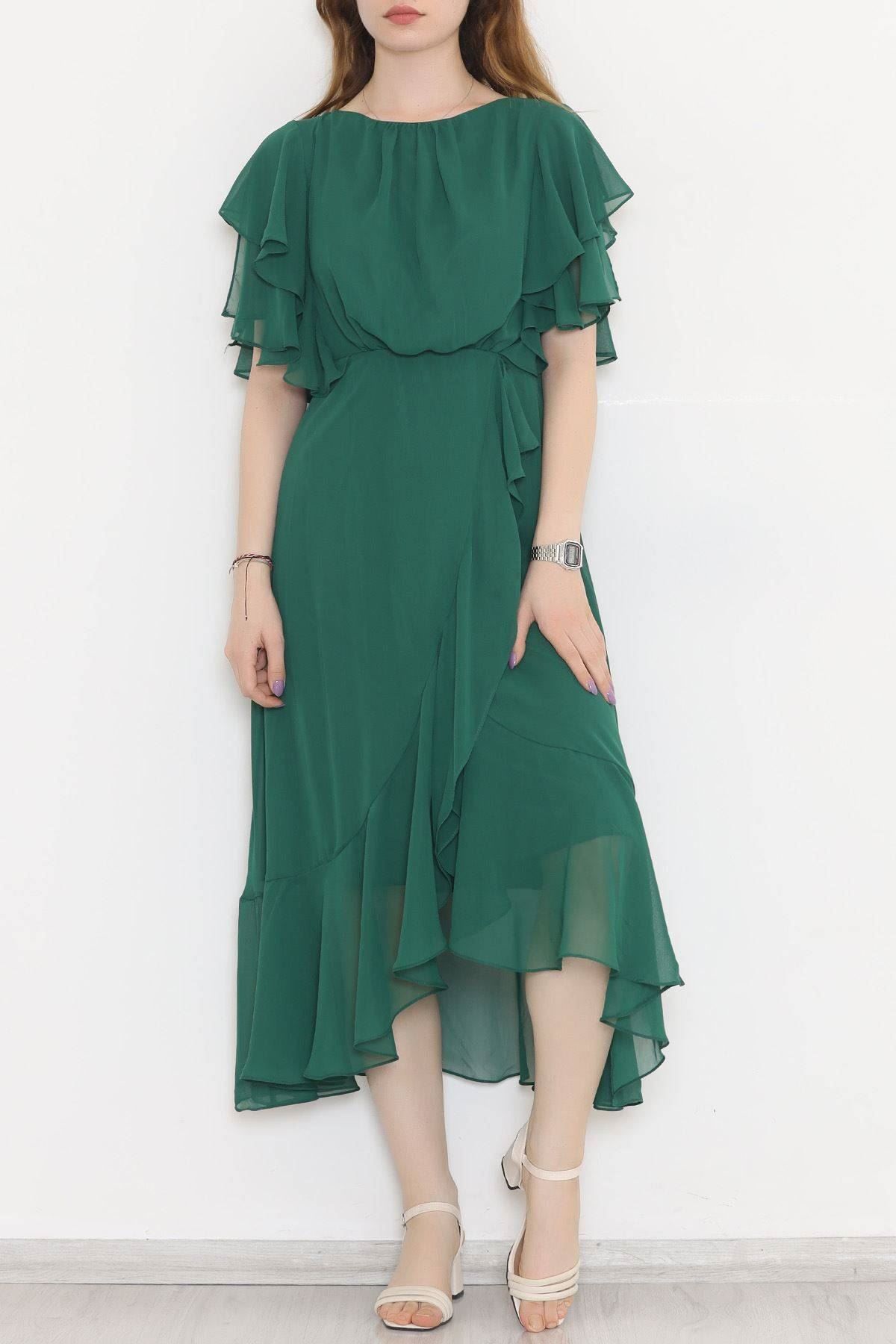 Genel Markalar Kadın Beli Lastikli Fırfırlı Elbise Yeşil