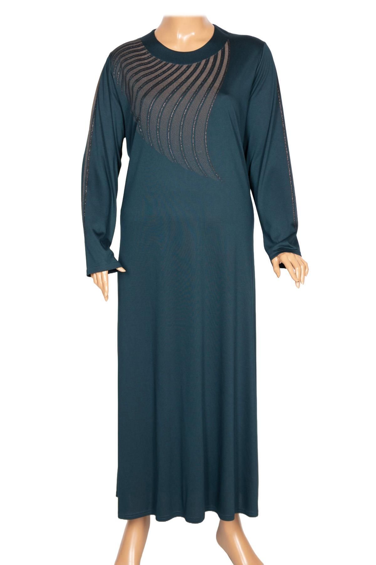 HESNA Kadın Belde Büyük Beden Boydan Baskılı Petrol Elbise