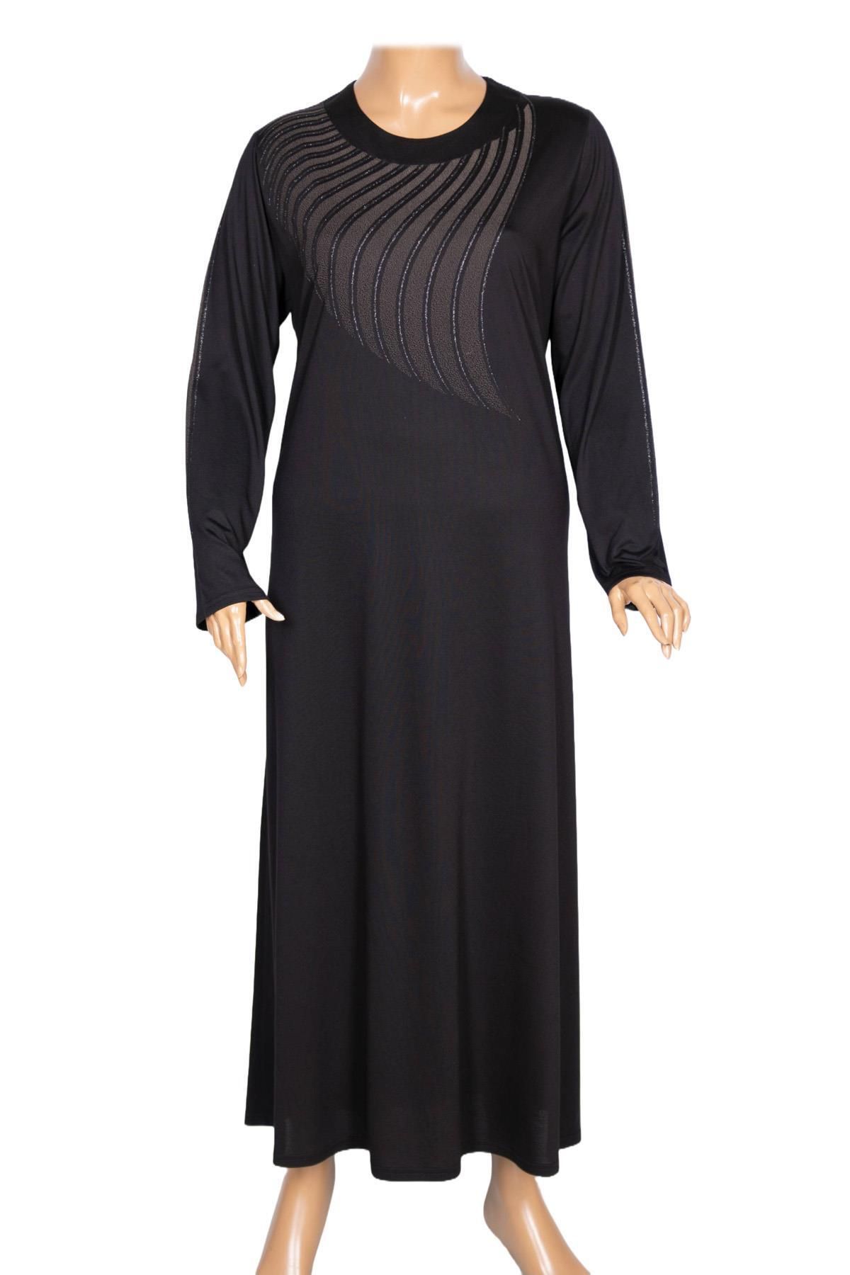 HESNA Kadın Belde Büyük Beden Boydan Baskılı Siyah Elbise