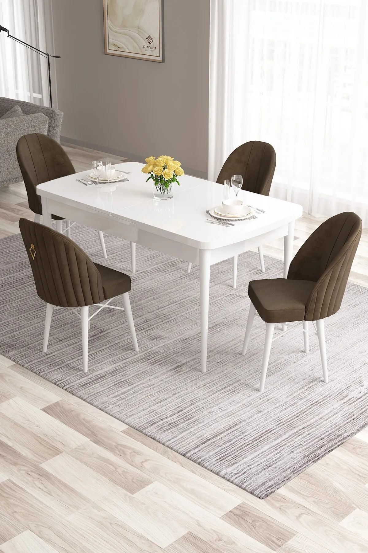 Canisa Roz Serisi,80x132 MDF Açılabilir Beyaz Mutfak Masası Takımı 4 Kahve Sandalye Gold Halkalı