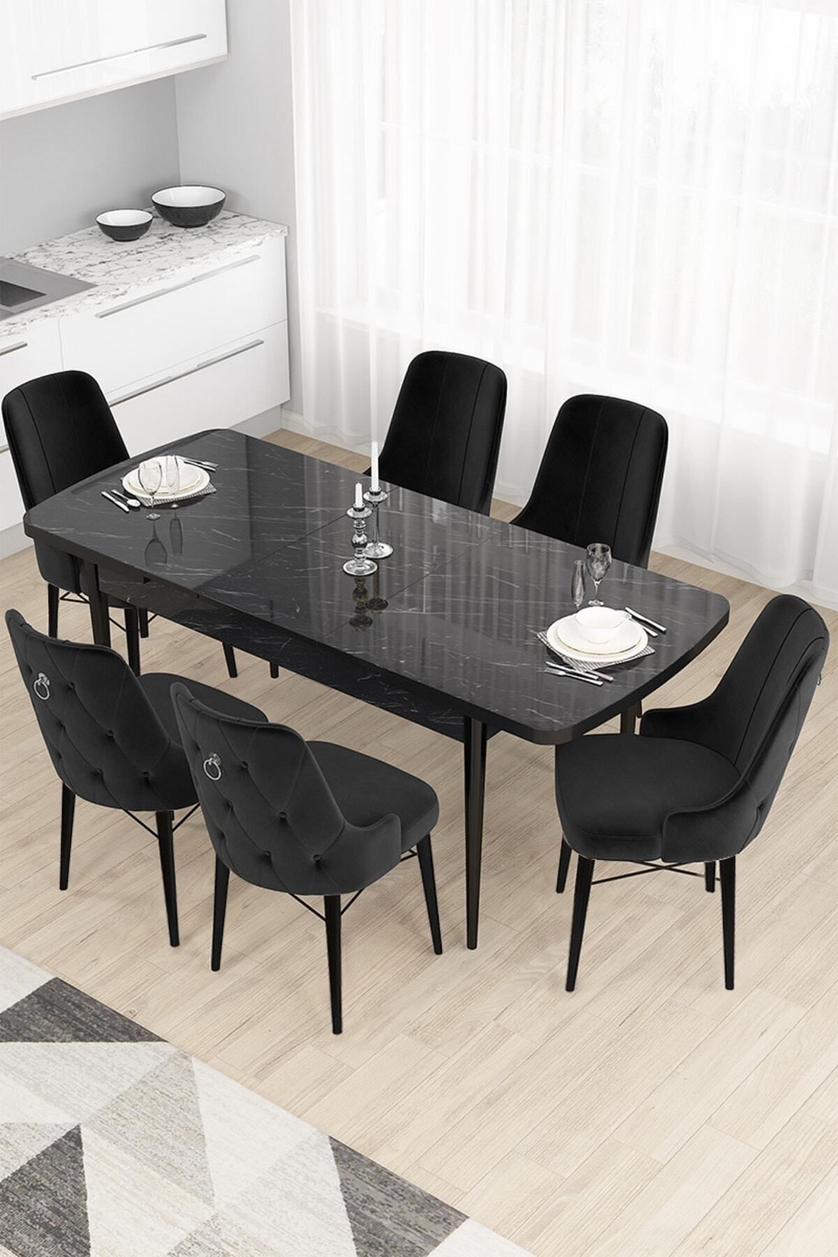 Canisa Concept Taç Serisi, 80x132 Siyah Mermer Desen Yemek Masası Takımı, 6 Siyah Sandalye Gümüş Halkalı