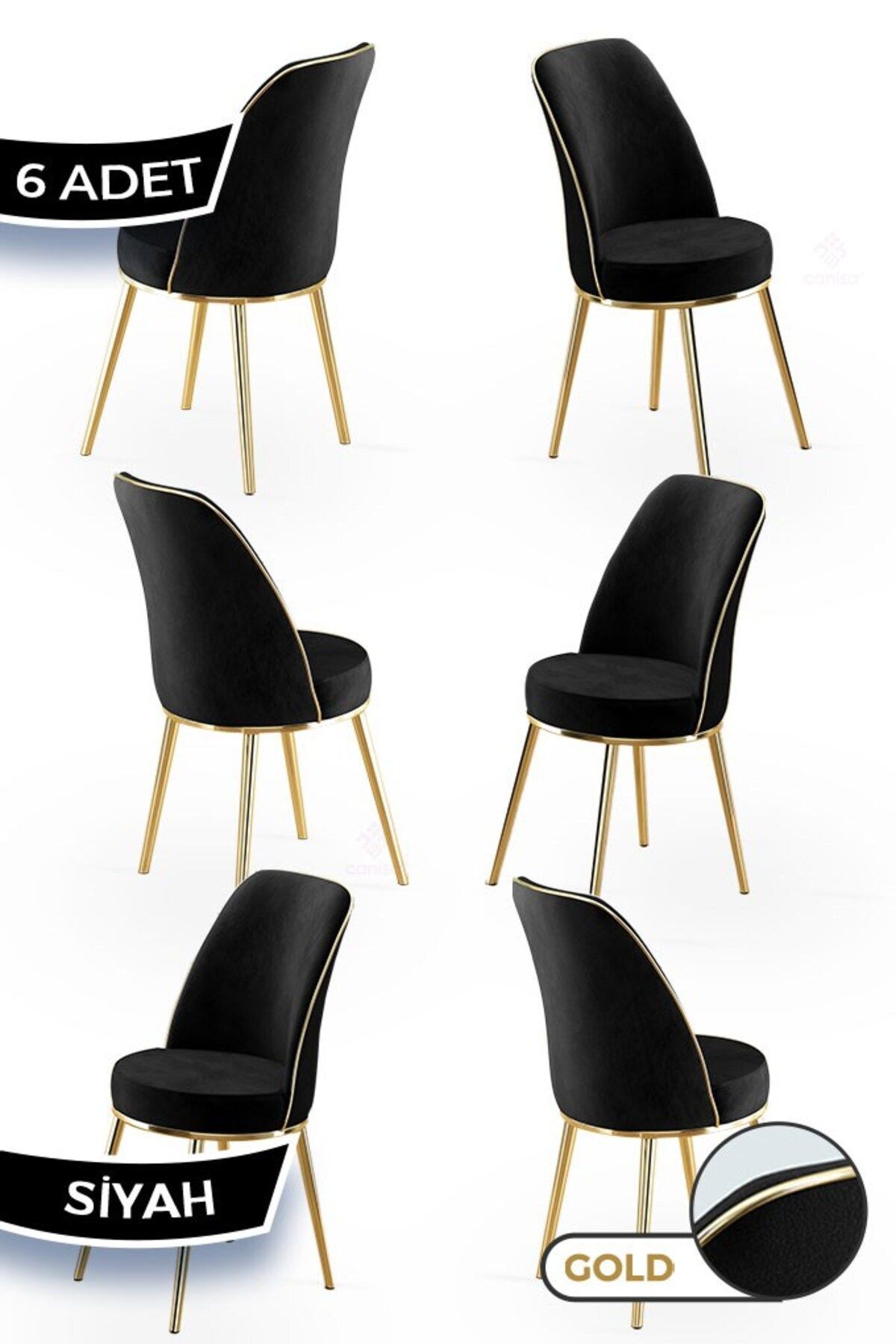 Canisa Pefa Serisi 6 Adet Mutfak Sandalyesi Gold Kaplama Metal Ayak 1. Sınıf Babyface Kumaş