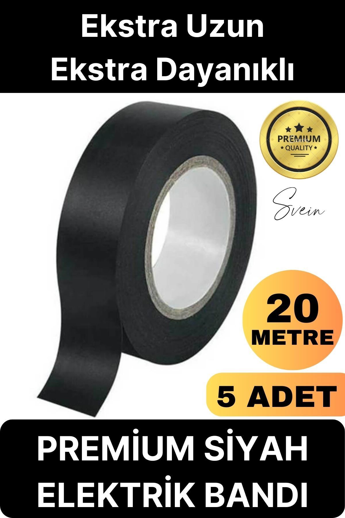 Svein 5 Ad. Premium Kalite 20 Mt Yalıtım İzole PVC Elektrik Bandı Su Geçirmez Sızdırmaz Koruma Bant Siyah