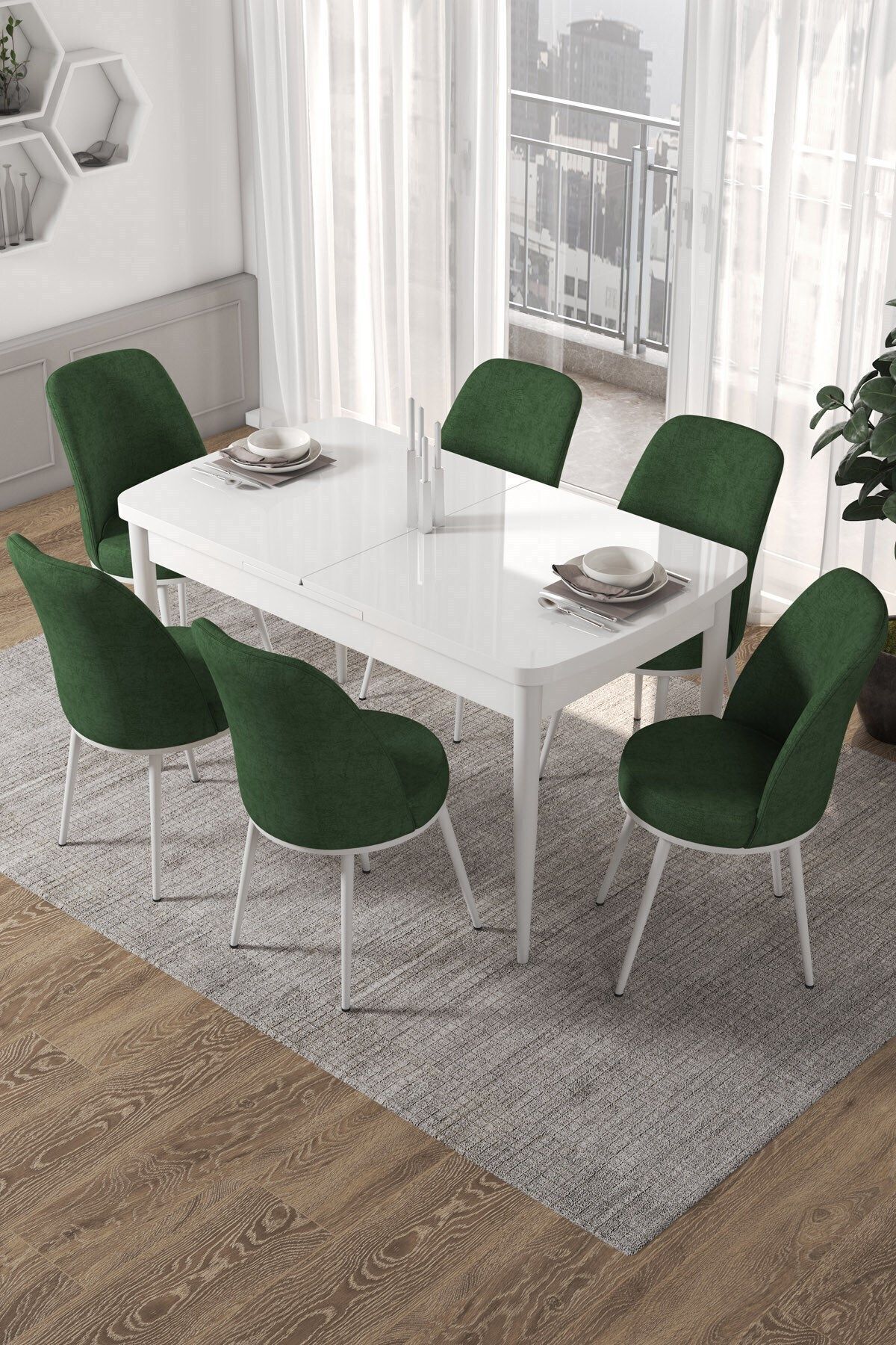 Canisa Concept Via Serisi, Beyaz Açılabilir 80x132 Mutfak Masa Takımı 6 Yeşil Sandalye