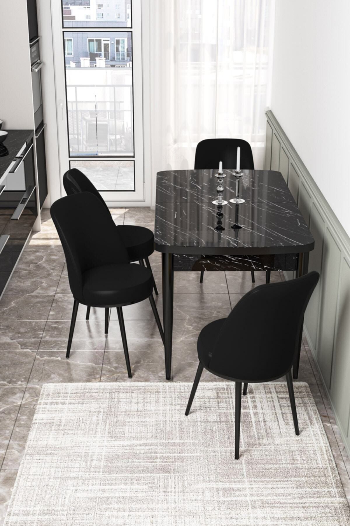 Canisa Concept Kor Serisi 70x114 Açılabilir Mutfak Masa Takımı, Siyah Mermer Masa+4 Siyah Sandalye