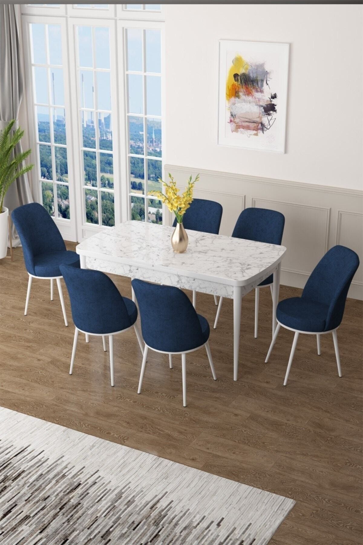 Canisa Concept Zen Serisi  80x132 Açılabilir Mdf Beyaz Mermer Desen Mutfak Masa Takımı  6 Lacivert Sandalye
