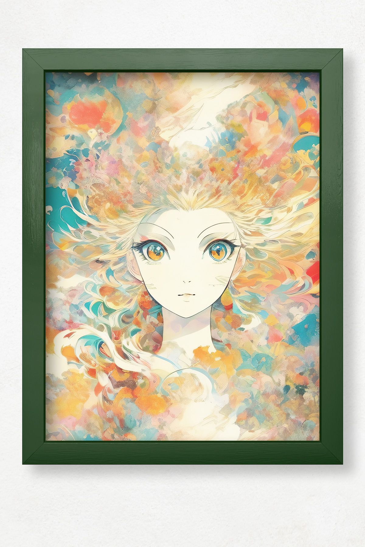DuoArt Soyut Fantastik Anime Poster/Doğal Ahşap Çerçeveli Poster/Çerçeve Rengi:Koyu Yeşil