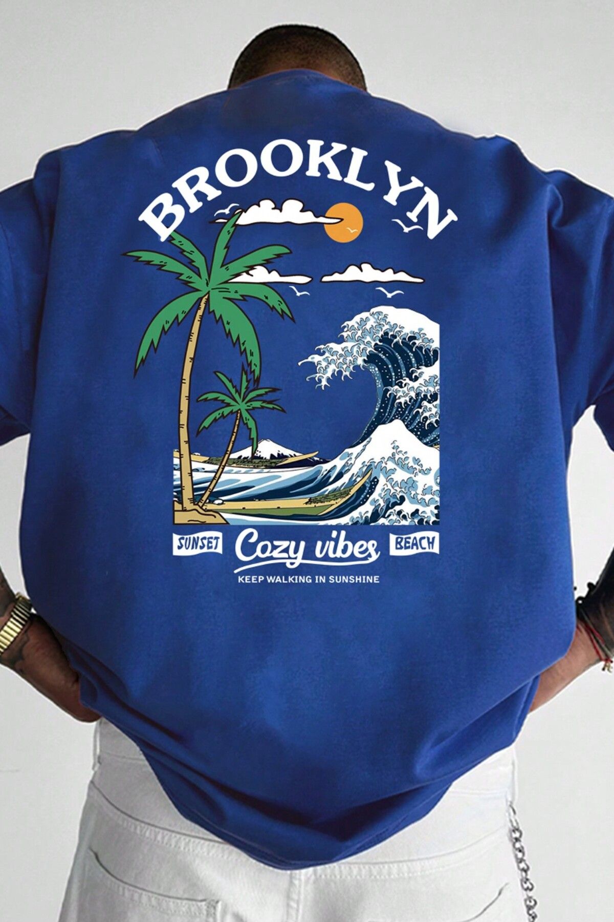 MODAGEN Erkek Mavi Bisiklet Yaka Yeni Brooklyn Baskılı Oversize T-Shirt