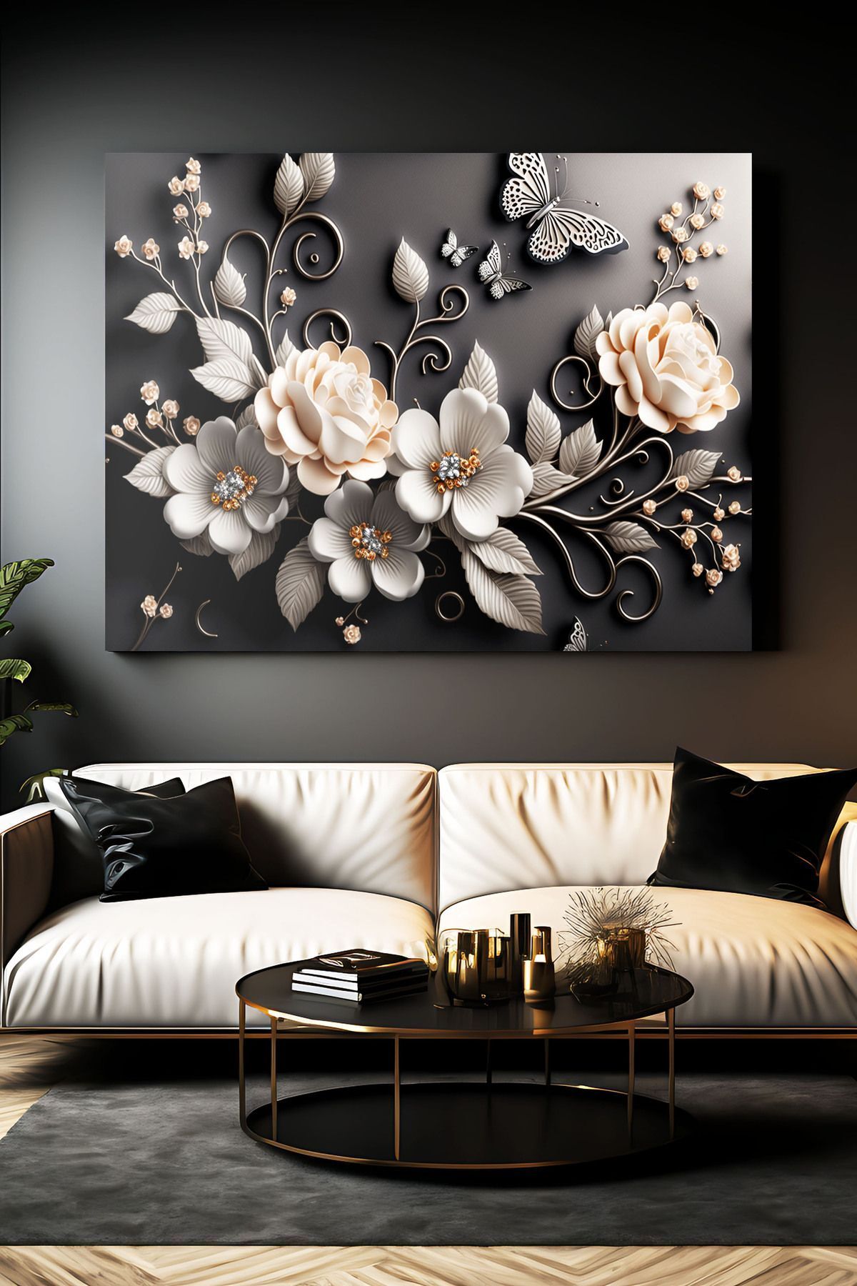 212shop Özel Tasarım 3 Boyutlu Lüks Siyah Çiçekler Dekoratif Kanvas Duvar Tablo