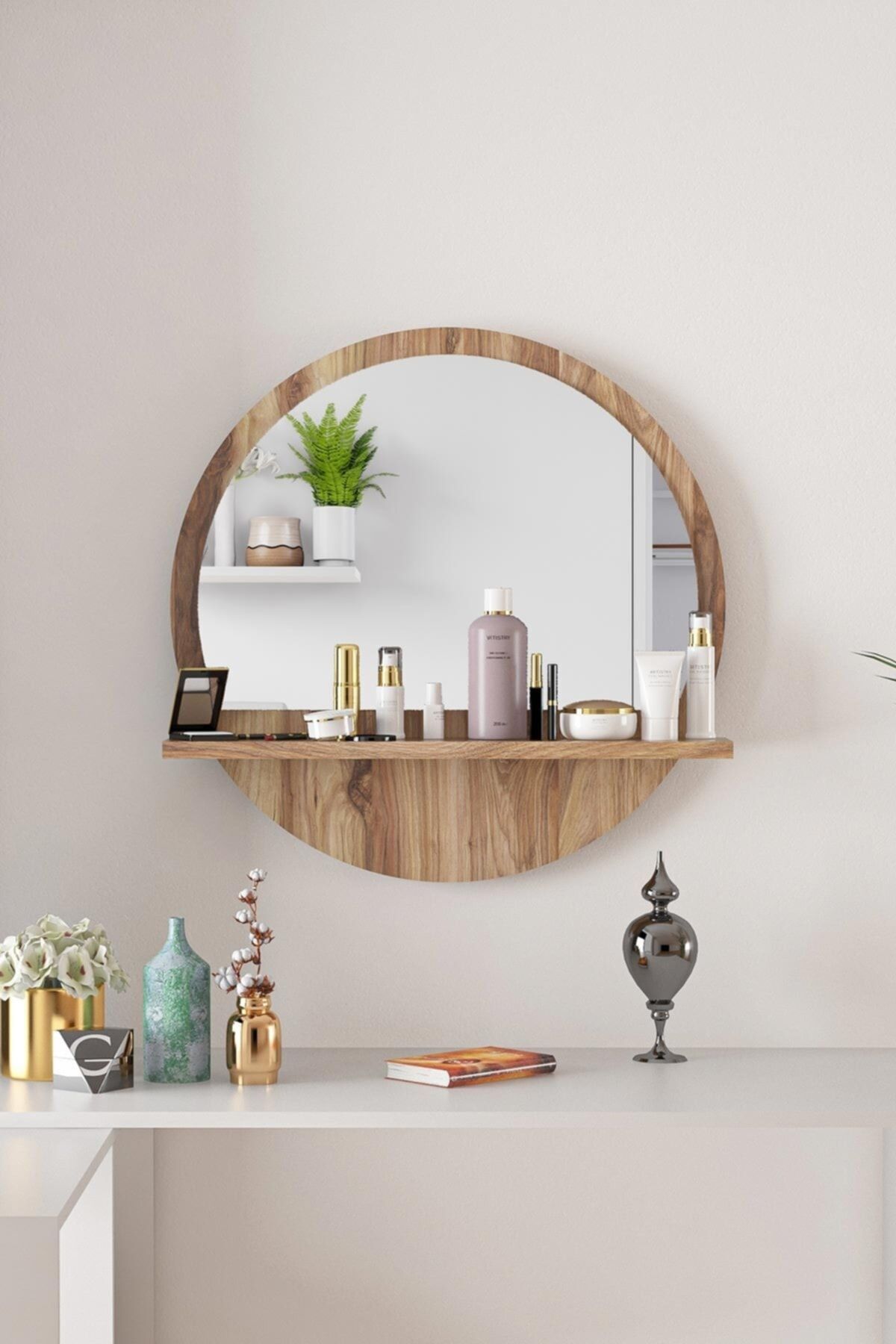 L'occi Concept Keep 45 Cm Dekoratif Yuvarlak Raflı Ayna Antre Hol Koridor Duvar Salon Mutfak Banyo Ceviz Ayna