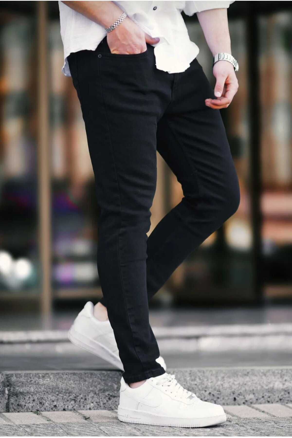 KING SEZAR Erkek Kot Pantolon Likralı Kot Pantolon Pamuklu Siyah Fit Jeans Düz Kot Pantolon
