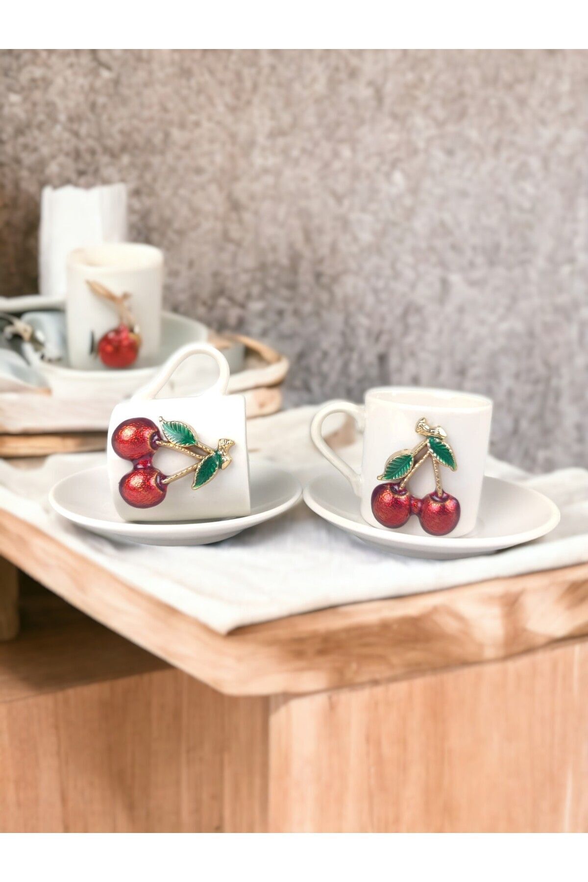 qtahya homes queen of kütahya 2'li kirazlı kahve fincan takımı kiraz çilek gül fincan silindir kahve fincan porselen