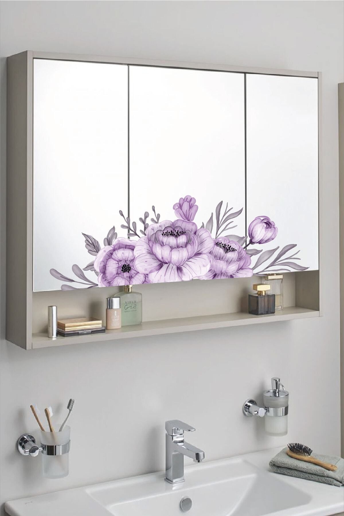 212shop Mor Çiçekler Dekoratif Banyo Salon Cam Ayna Duvar Dekor Sticker