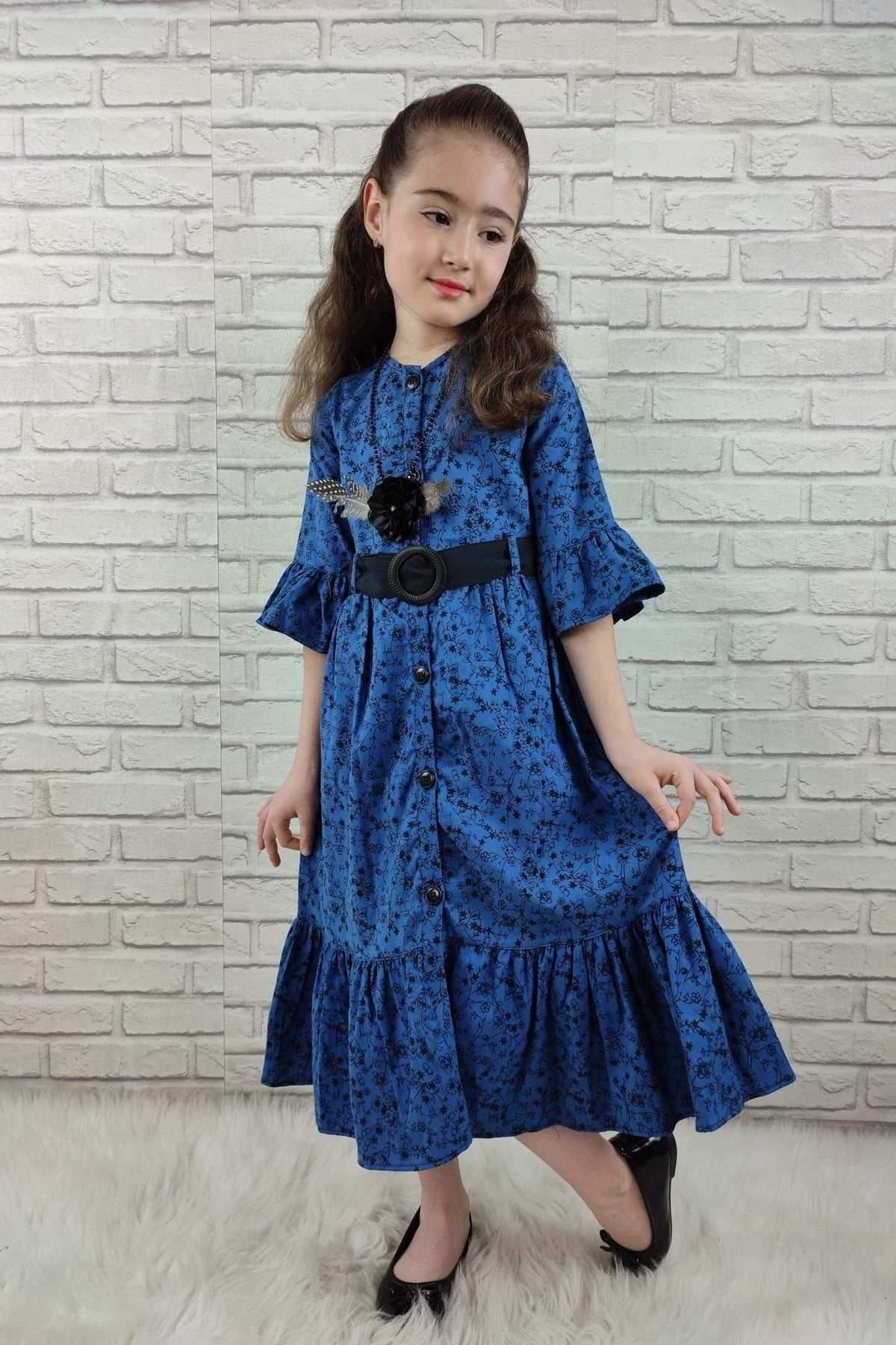 Mnk Vintage Basma Kız Çocuk Elbise 0299 Mavi