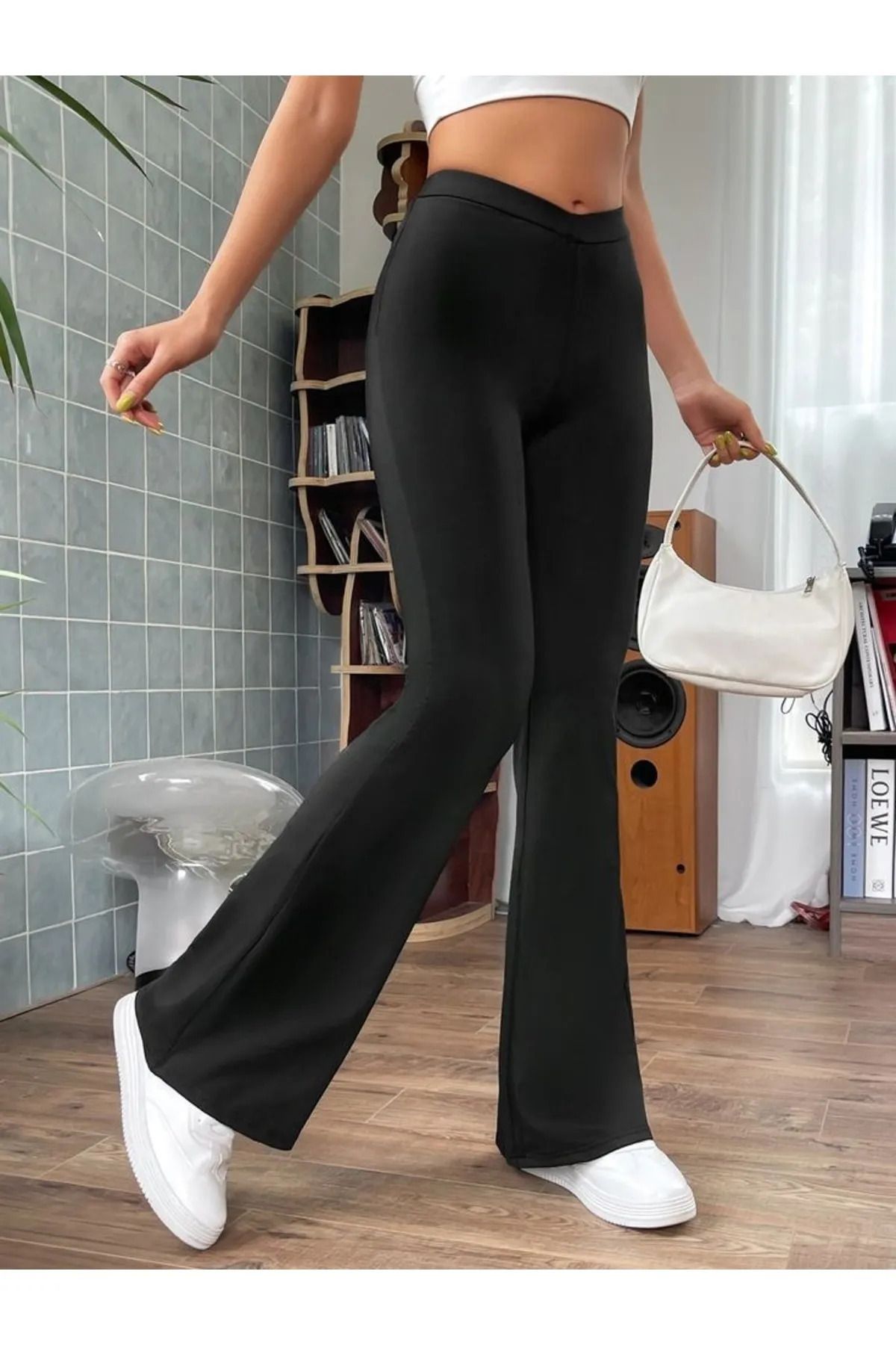 HATCELL Kadın Yüksek Bel Siyah Full Likralı Orijinal Kesim Tayt Pantolon
