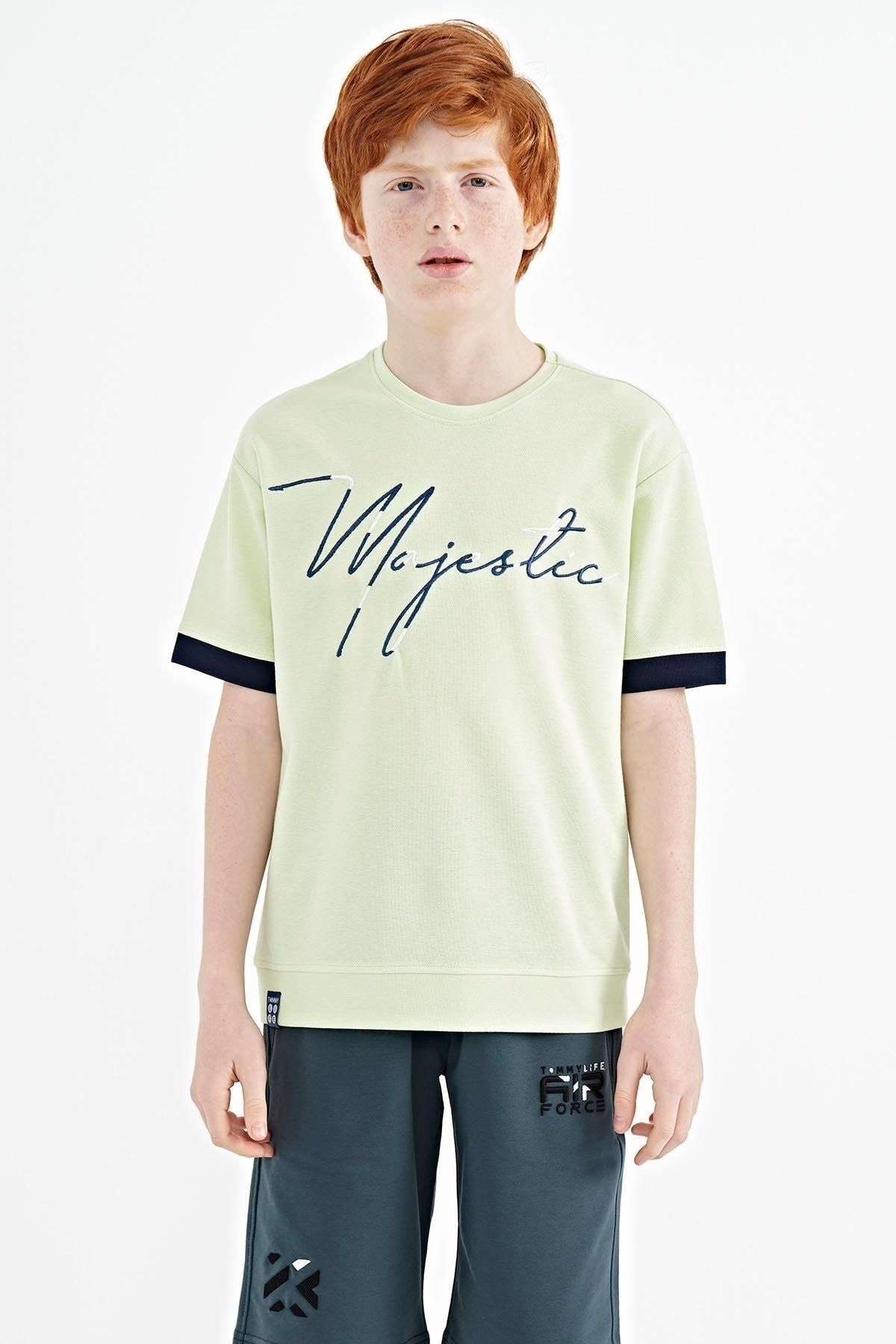 TOMMY LIFE Açık Yeşil Ön Yazı Nakışlı O Yaka Oversize Erkek Çocuk T-shirt - 11147