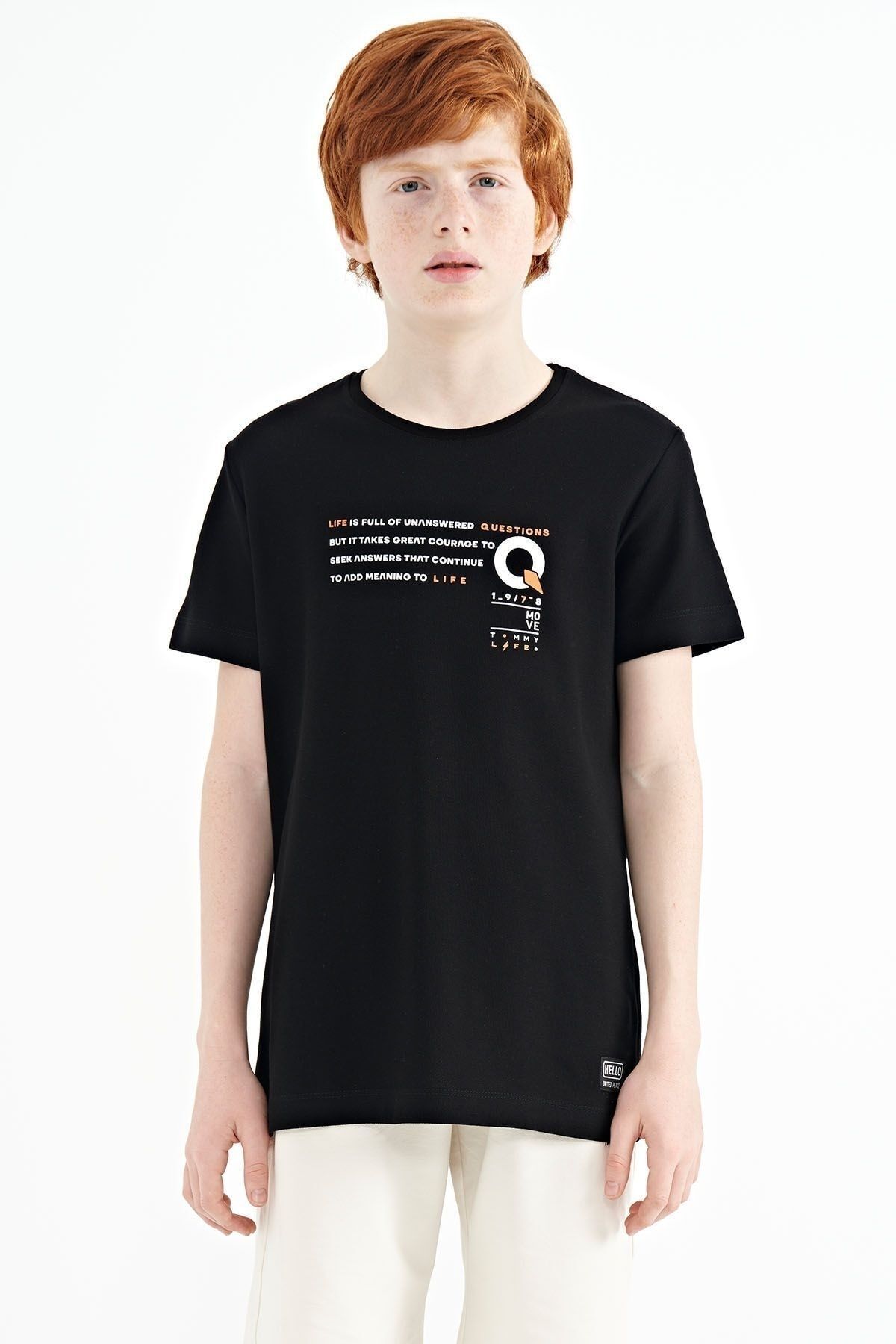 TOMMY LIFE Siyah Baskı Detaylı O Yaka Standart Kalıp Erkek Çocuk T-shirt - 11145