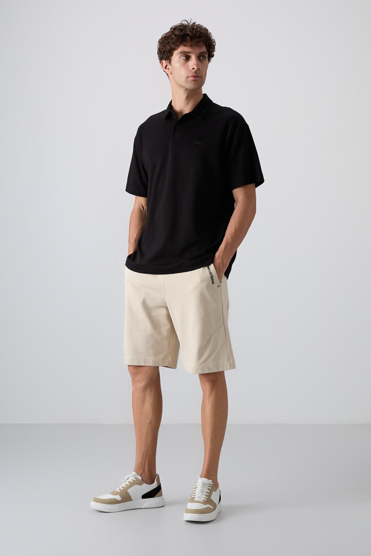 TOMMY LIFE Siyah Pamuklu Kalın Yumuşak Dokulu Oversize Fit Basic Polo Yaka Erkek T-Shirt - 88327