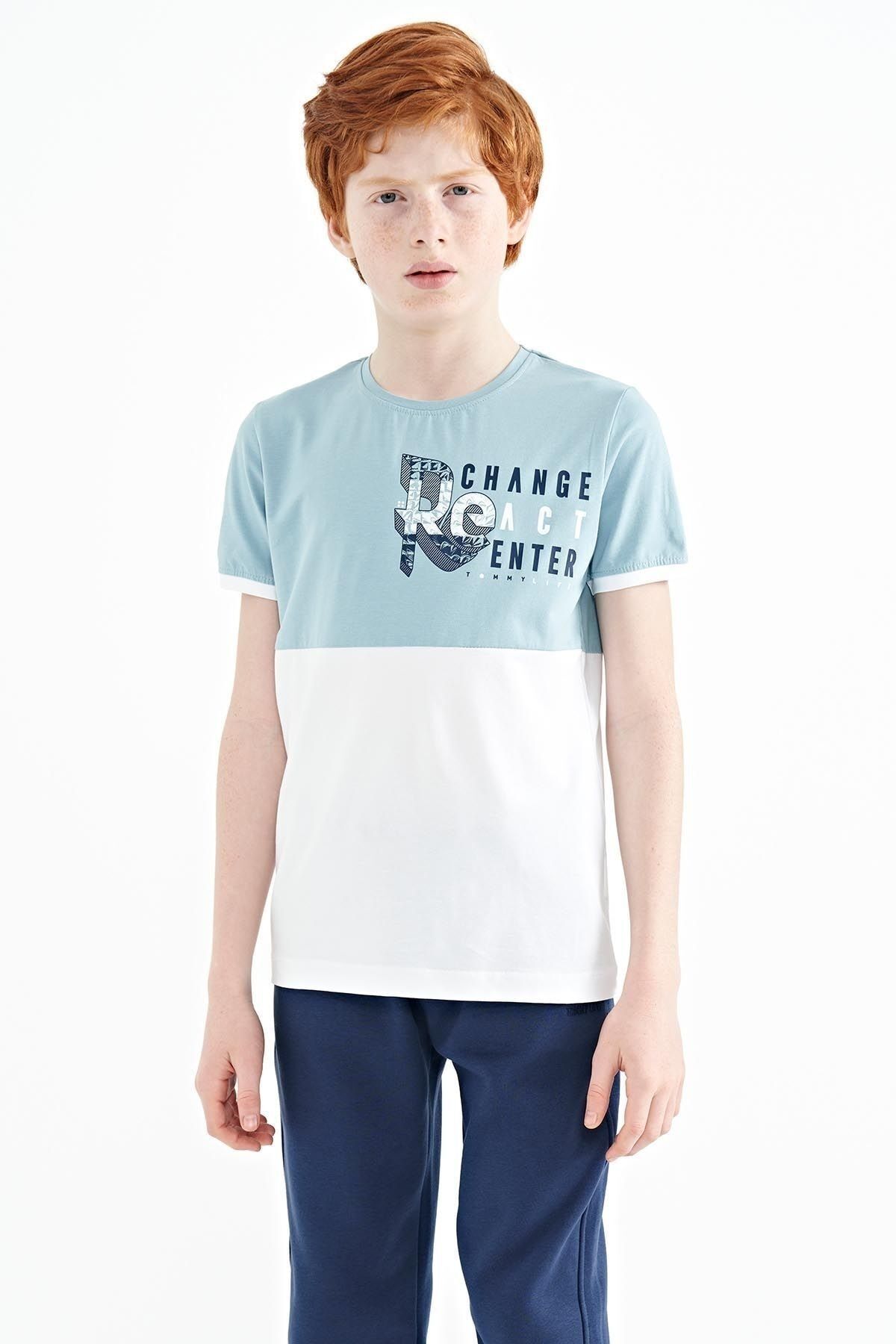 TOMMY LIFE Açık Mavi Baskı Detaylı Renk Bloklu Standart Kalıp O Yaka Erkek Çocuk T-shirt - 11107