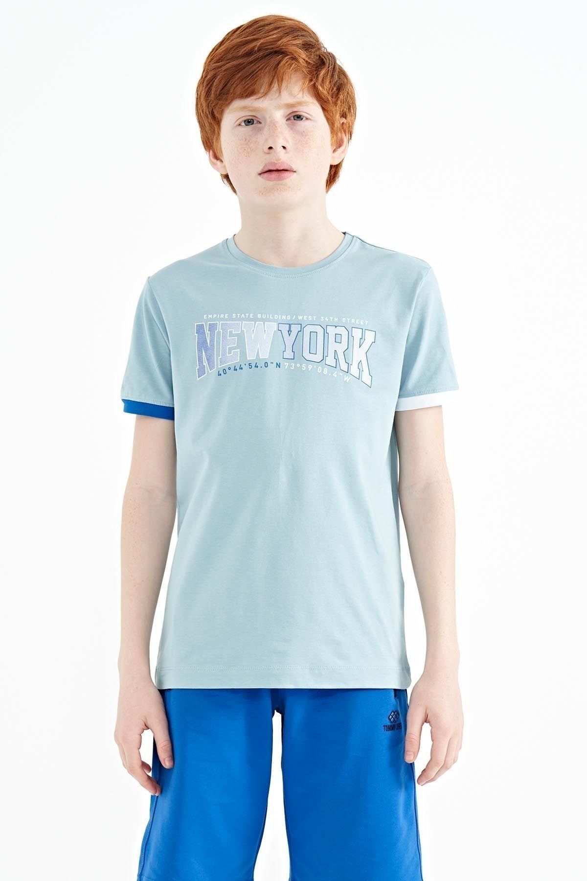 TOMMY LIFE Açık Mavi Yazı Baskılı Standart Kalıp O Yaka Erkek Çocuk T-shirt - 11105