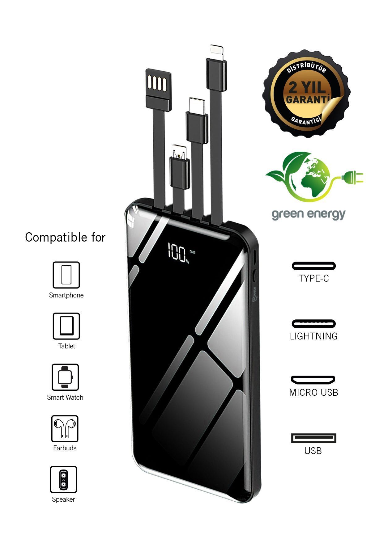 İntouch 10.000 Mah Prime Dijital Göstergeli Dahili Çoklu Kablolu Powerbank,siyah,taşınabilir Şarj Cihazı