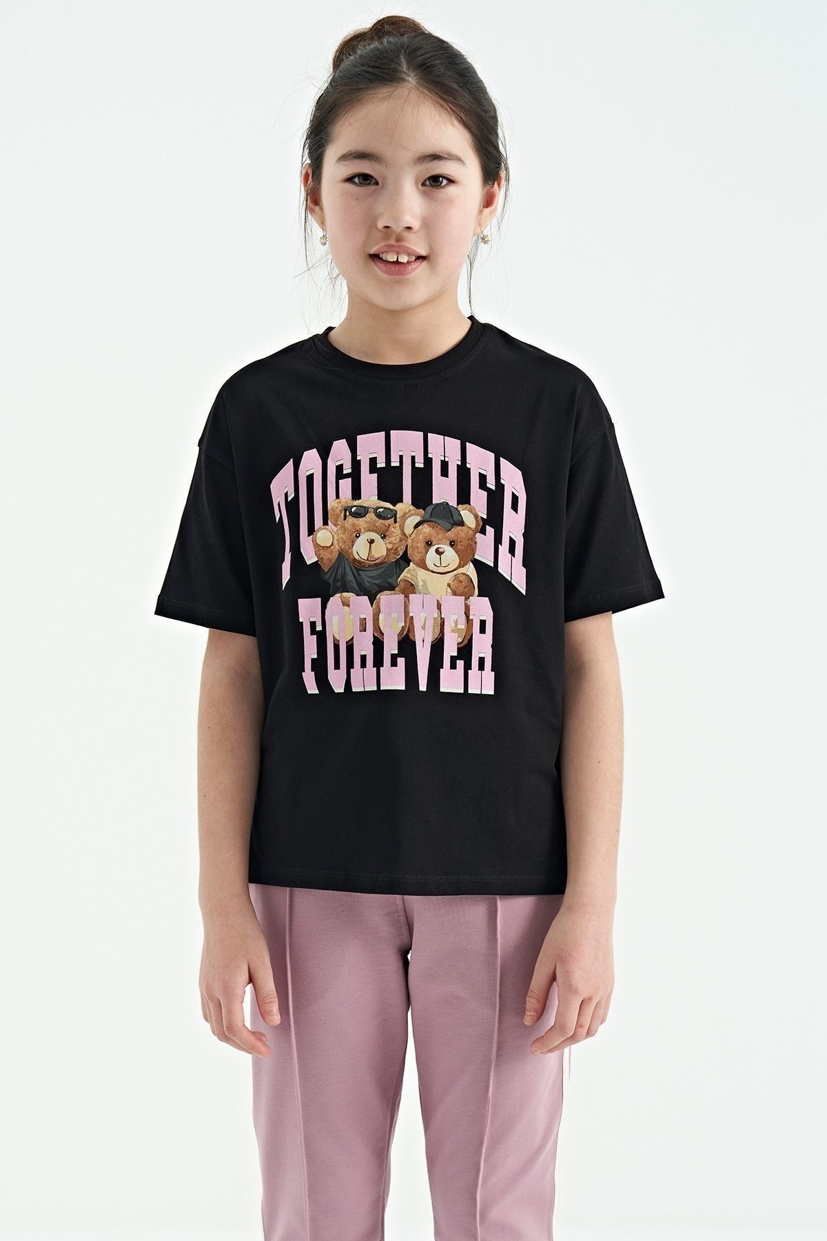 TOMMY LIFE Siyah Ayıcık Baskılı O Yaka Oversize Kısa Kol Kız Çocuk T-shirt - 75116