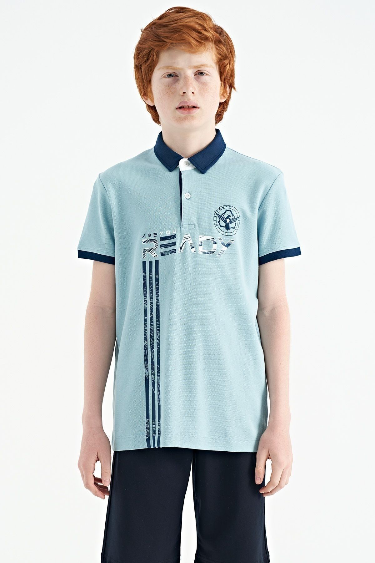 TOMMY LIFE Açık Mavi Yazı Baskı Desenli Standart Kalıp Polo Yaka Erkek Çocuk T-shirt - 11143