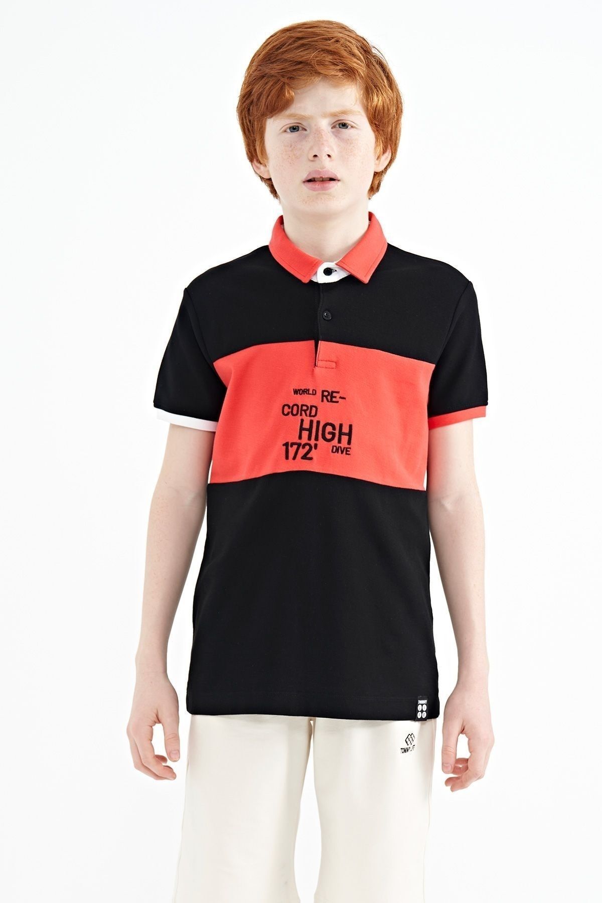 TOMMY LIFE Siyah Renk Geçişli Nakış Detaylı Standart Kalıp Polo Yaka Erkek Çocuk T-shirt - 11110