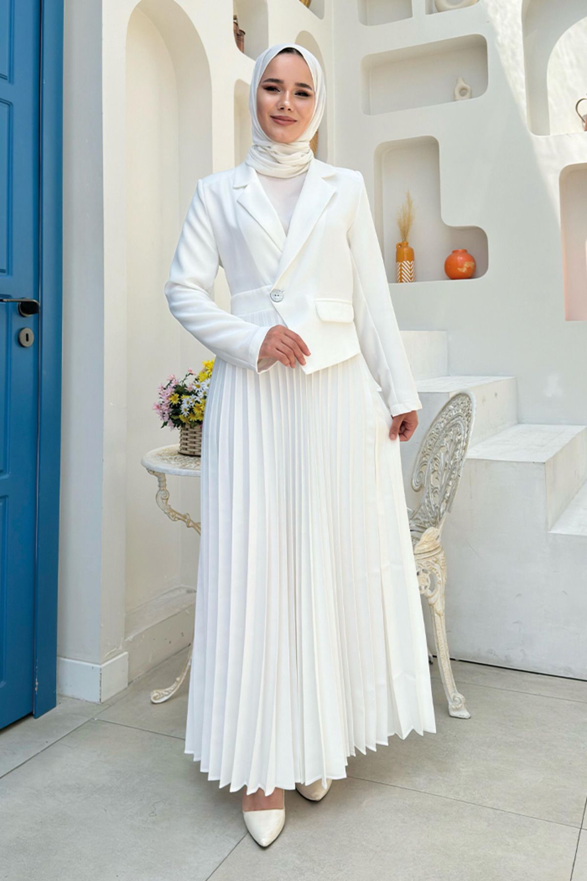 Bym Fashion Ceket Görünümlü Eteği Piliseli Elbise 3700 Ekru