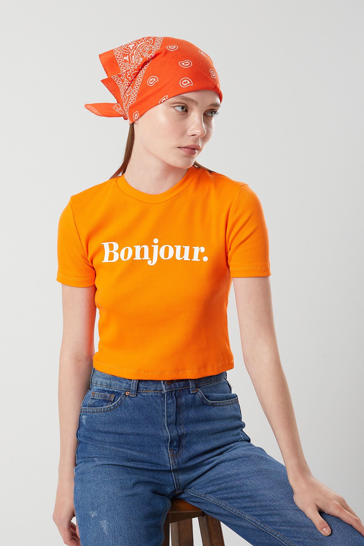 Mixray 1086 Kadın Bonjour Baskılı Pamuklu Crop T-Shirt