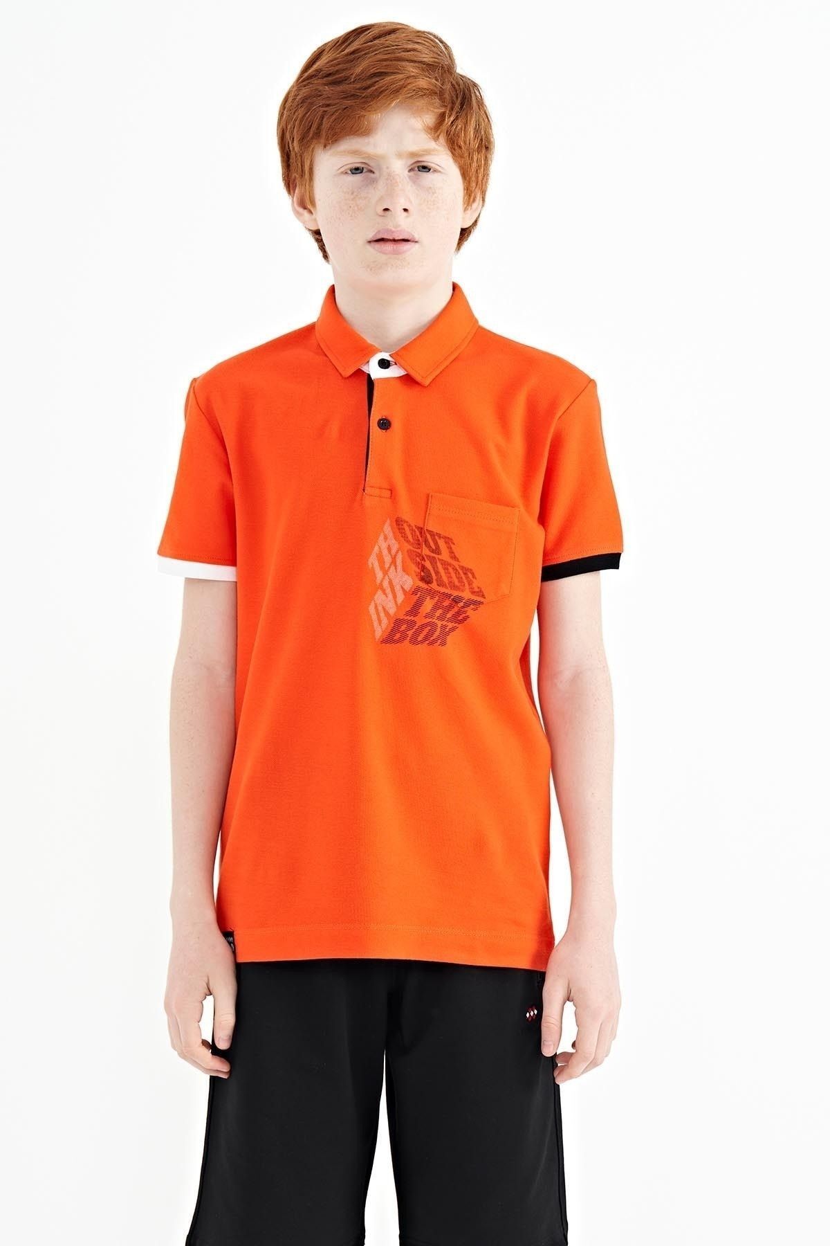 TOMMY LIFE Portakal Ön Cep Detaylı Baskılı Standart Kalıp Polo Yaka Erkek Çocuk T-Shirt - 11102