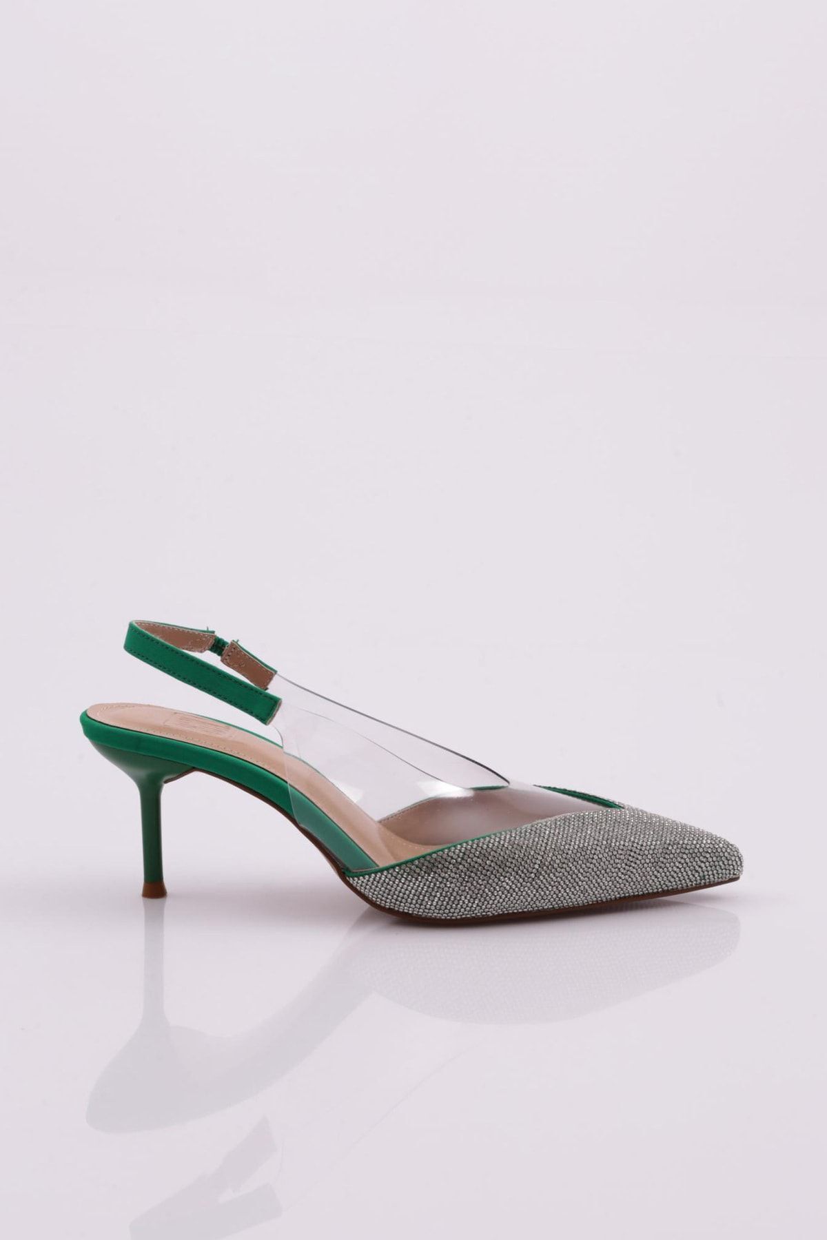Dgn Kadın Önü Taş Işlemeli Arkası Açık Topuklu Ayakkabı Çam Yeşili Saten