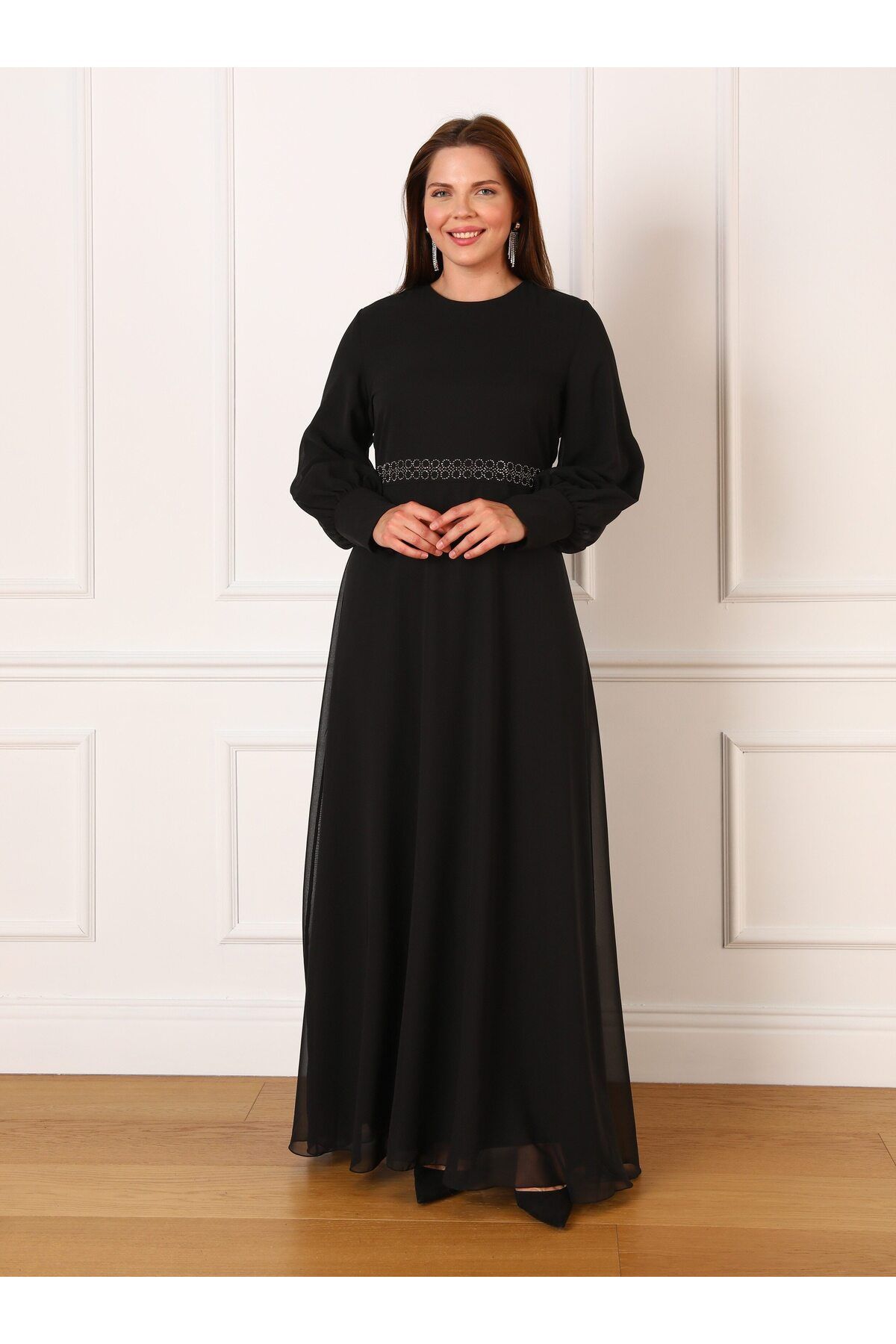 Alia Büyük Beden Taş Detaylı Balon Kol Abiye Elbise - Siyah - Alia