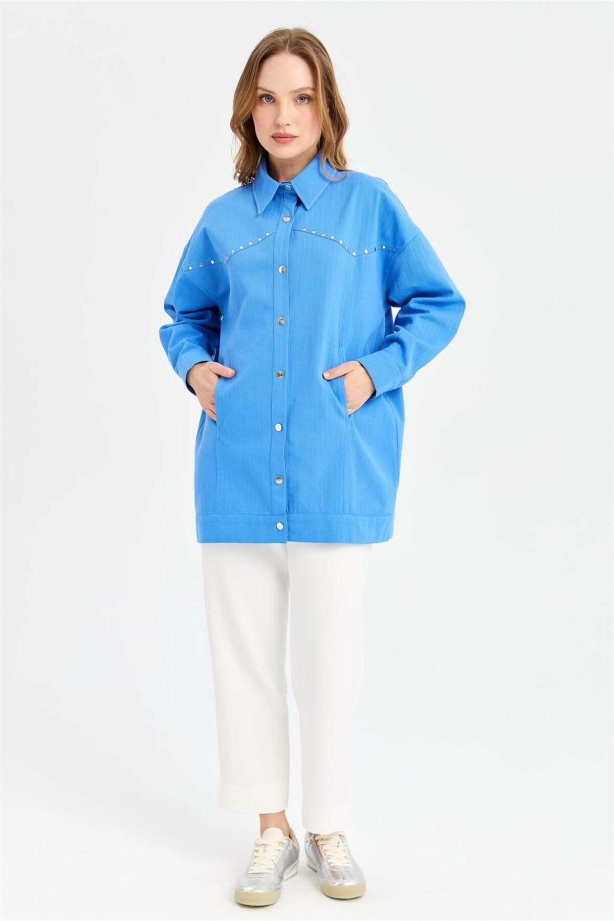 Esswaap Robası Zımba Detaylı Ceket Tunik  Mavi