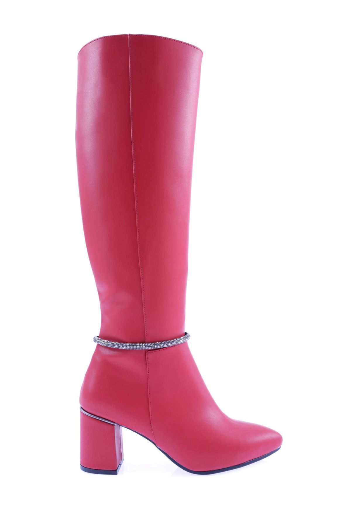Dgn 133-2164-22k Kadın Zincirli Topuklu Çizme Kırmızı