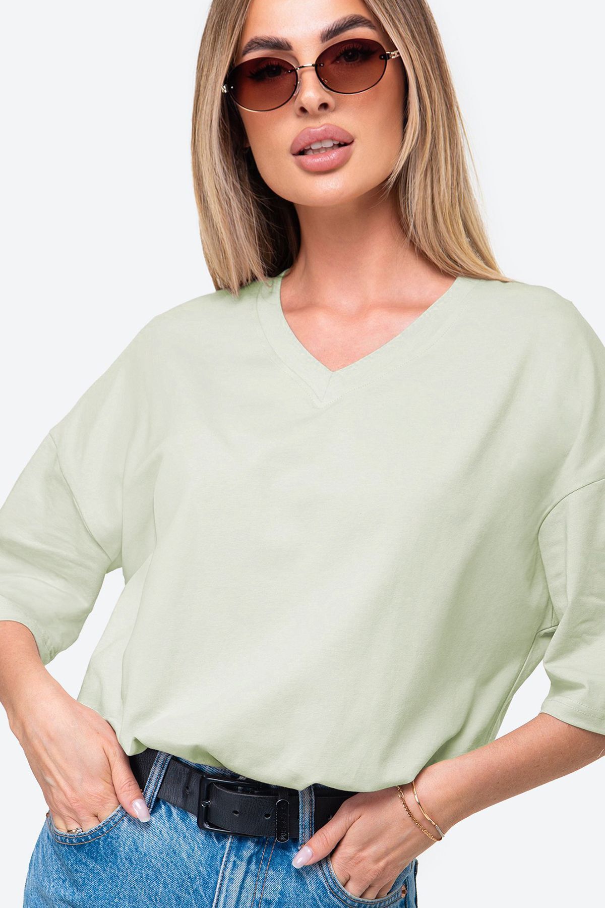 Happyfox Pamuklu Likralı Kadın V Yaka Baskısız Oversize Düz T-shirt Basic Açık Yeşil