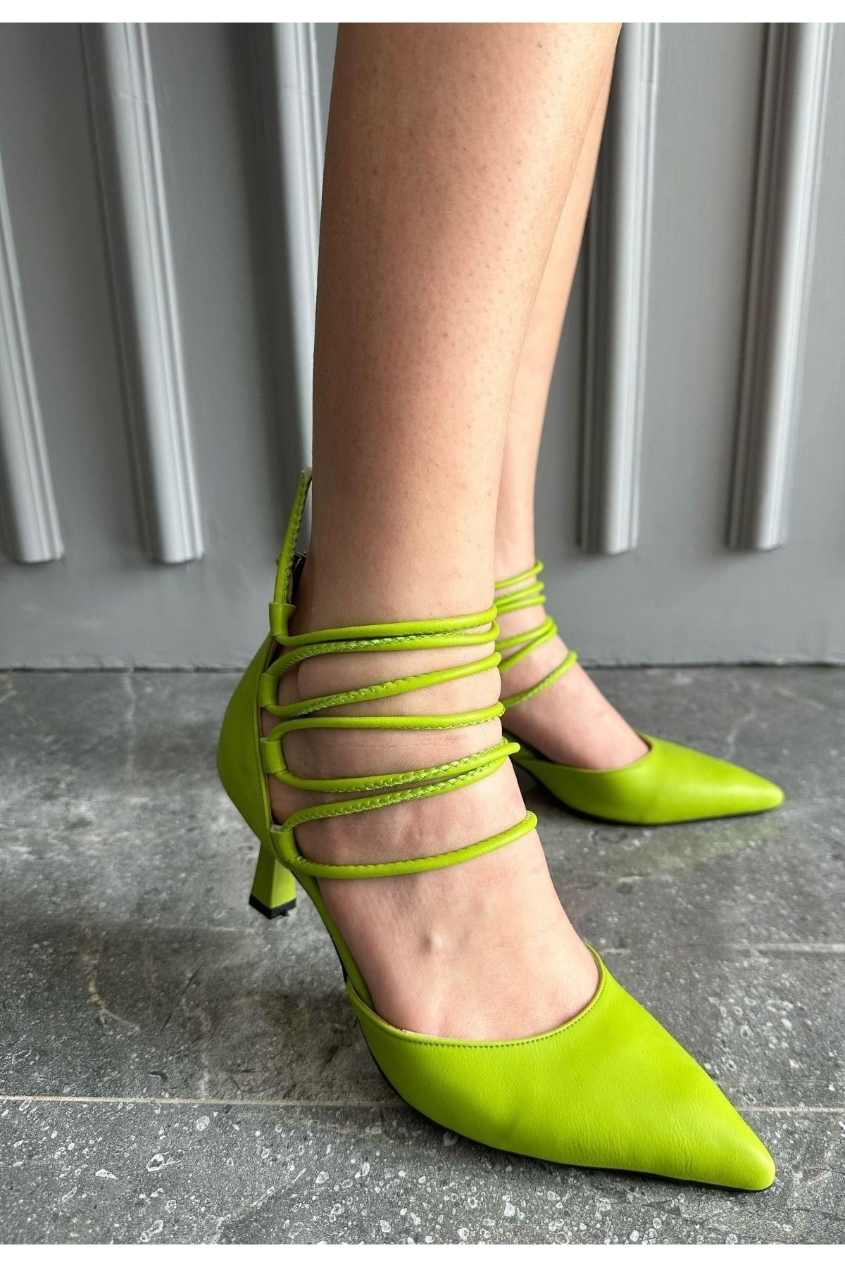 Erbilden Miyda Yeşil Cilt Topuklu Ayakkabı
