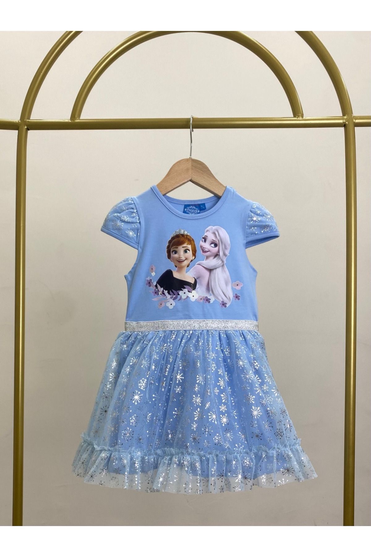 Kids Nilche Elsa Frozen Kısa Kollu Kız Çocuk Elbise Fırfır Detaylı
