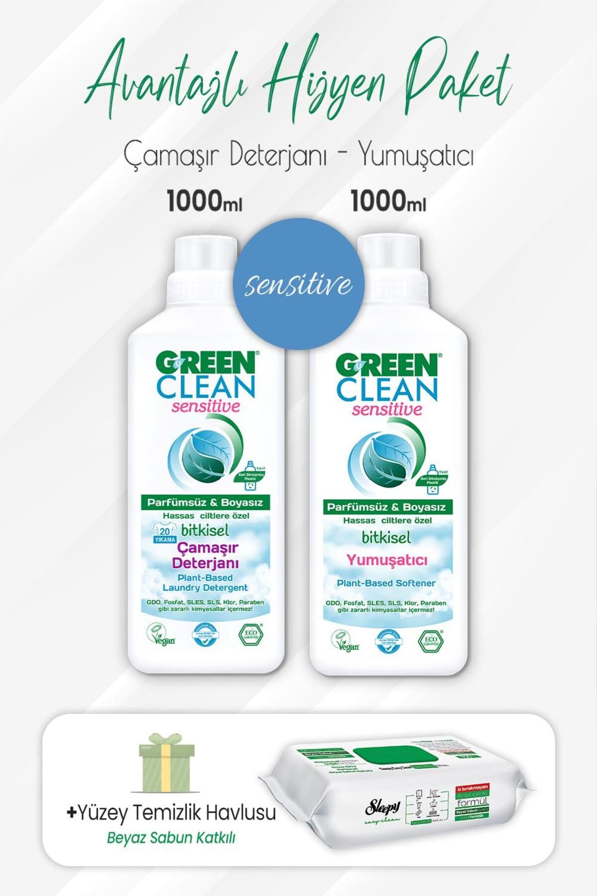 Green Clean Sensitive Deterjan, Yumuşatıcı 1 Lt Ve Çamaşır Sulu Temizlik Havlusu 100' Lü