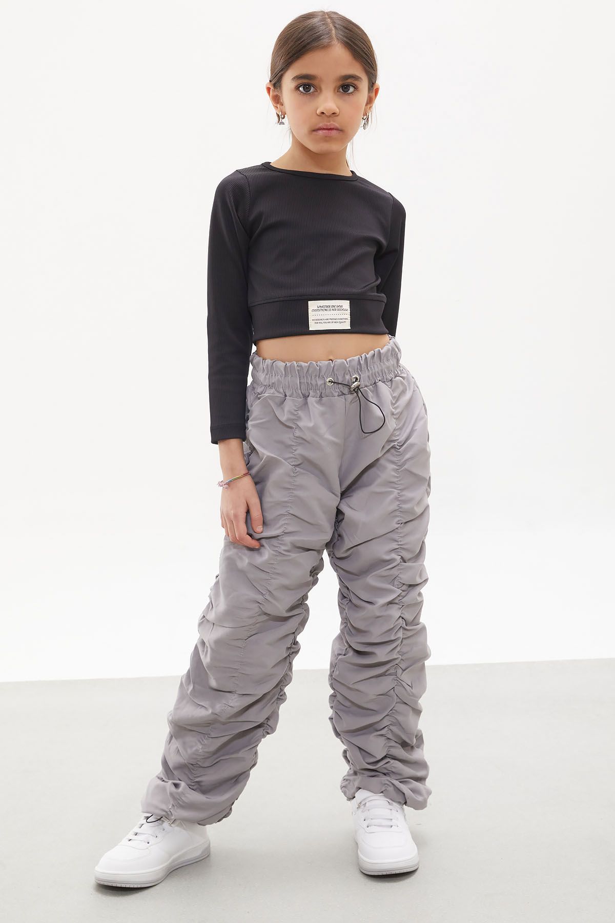 Cansın Mini Gri Şerit Dikişli Kız Paraşüt Pantolon 18003