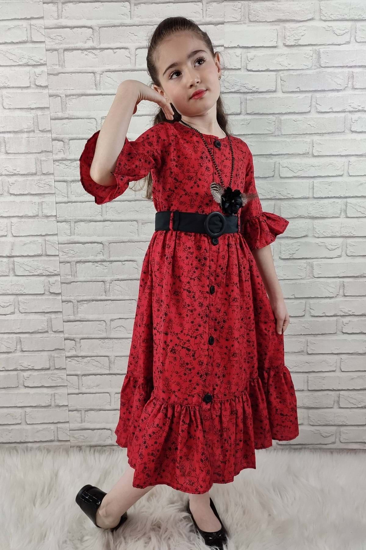 Mnk Vintage Basma Kız Çocuk Elbise 0299 Kırmızı