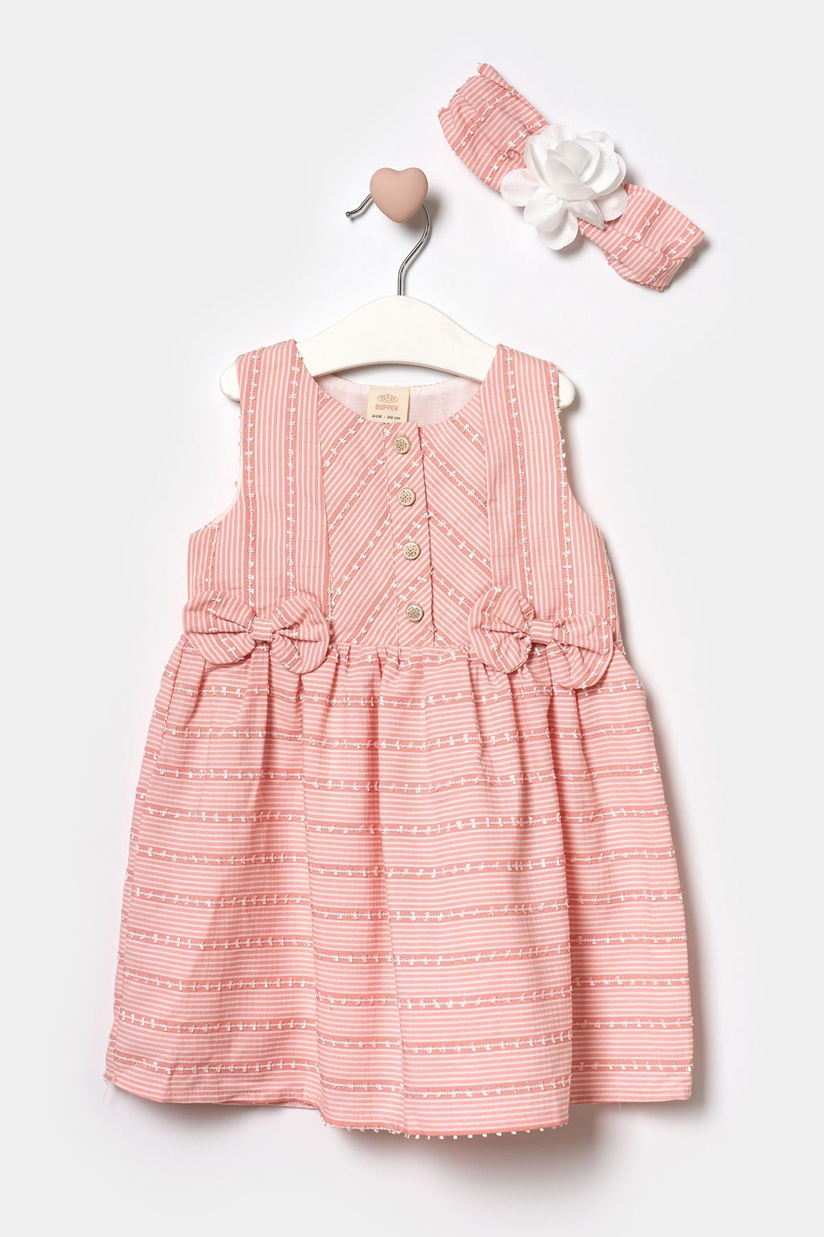 Minipodyum Fiyonklu Önden Patlı Çizgili Dokuma Kız Bebek Bayramlık Elbise 9-24 Ay