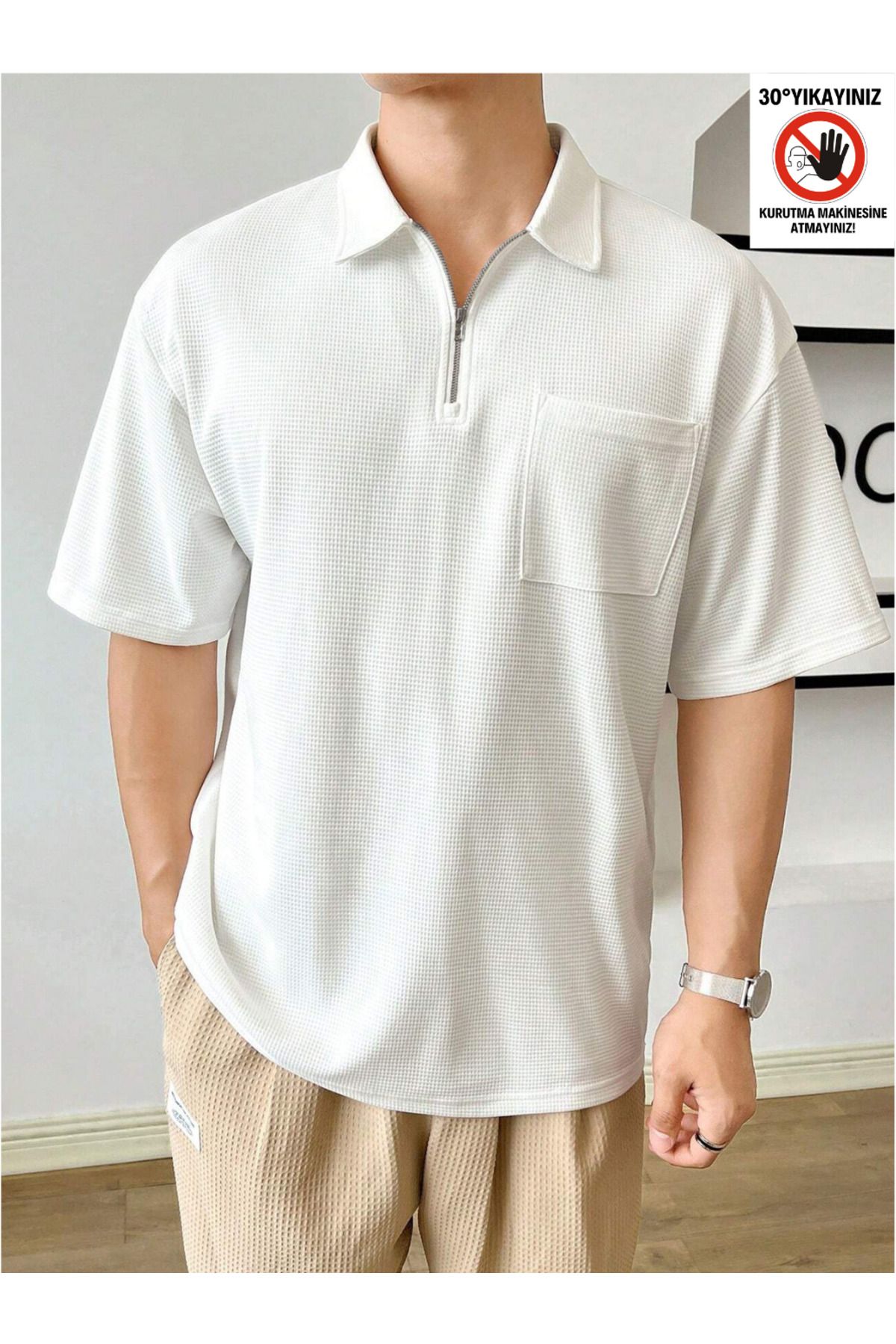 GENIUS STORE Erkek Oversize Polo Yaka Waffle T-Shirt  POLOYAKA-FERMUARLI