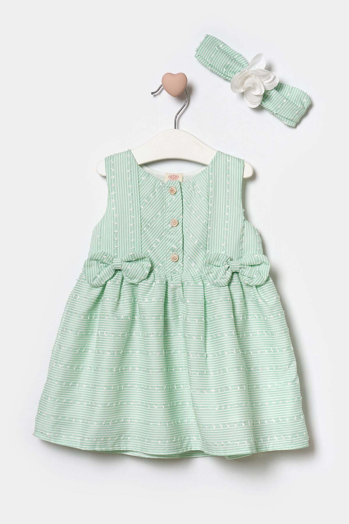 Minipodyum Fiyonklu Önden Patlı Çizgili Dokuma Kız Bebek Bayramlık Elbise 9-24 Ay